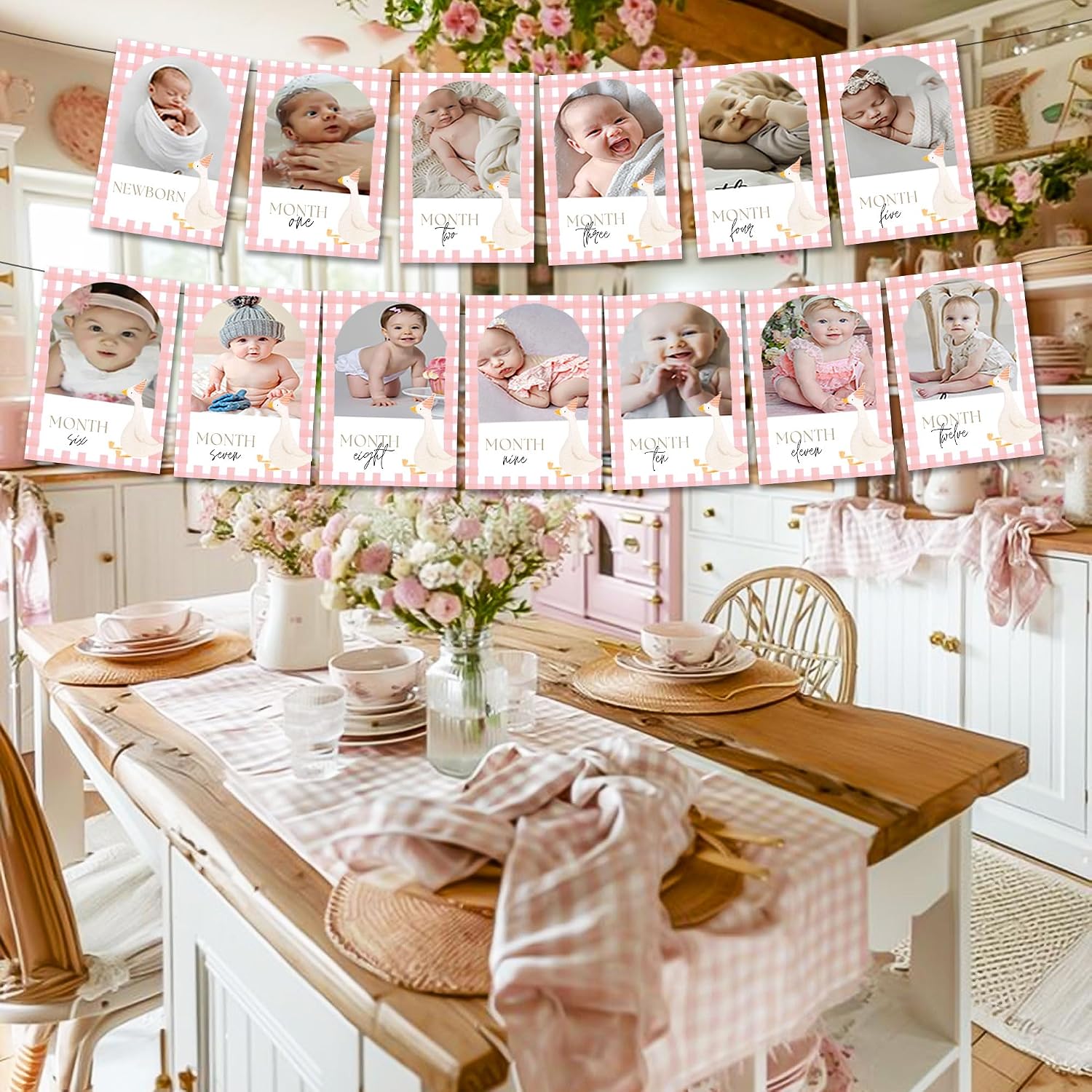 Pink Silly Goose 1st Birthday Photo Banner One Silly Goose Birthday Decor Girl for Newborn to 12 Months Picture Banner Goose Monthly Milestones Frame Party Supplies