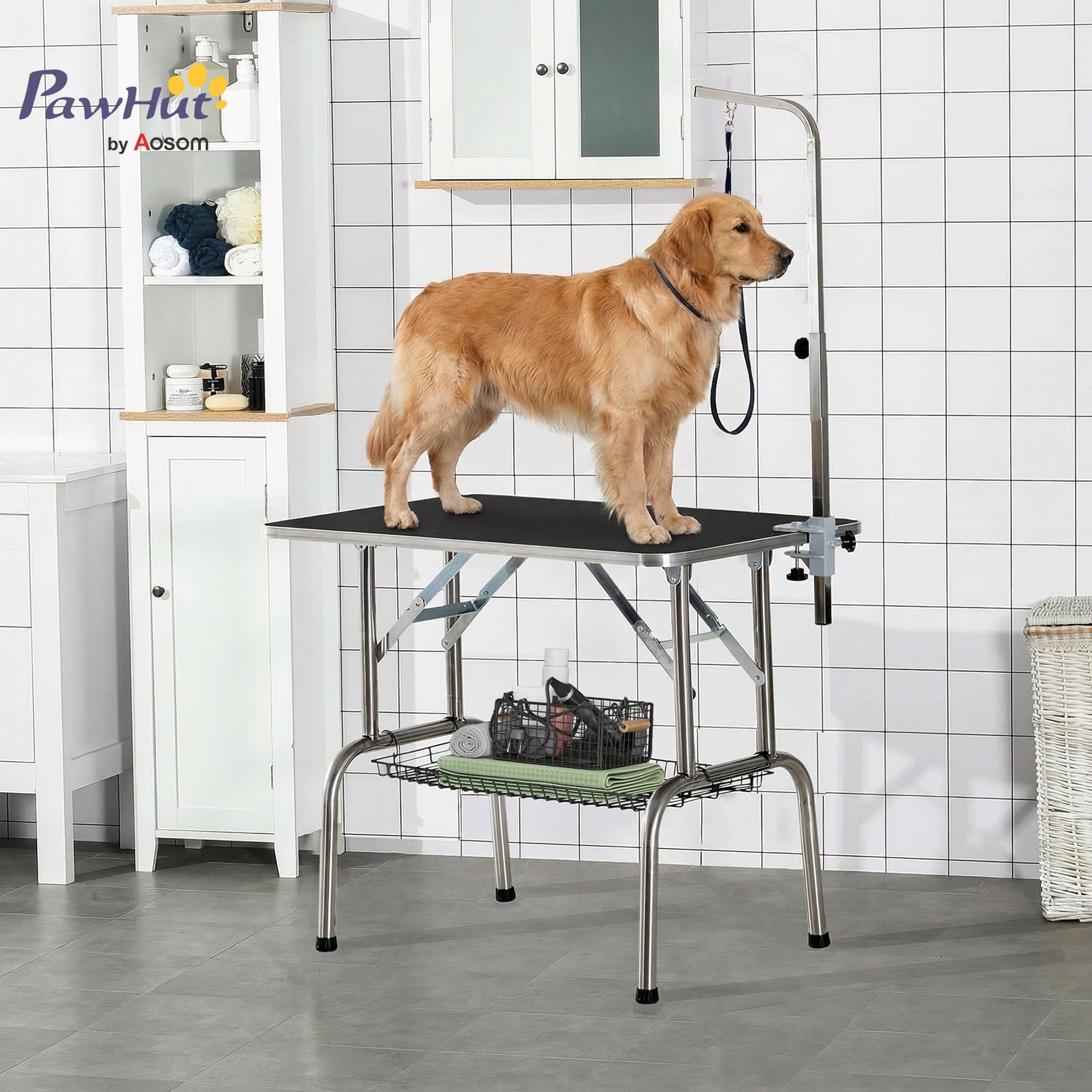 PawHut tavolo da toelettatura per animali domestici tavolo da ritaglio con cestino tavolo da toelettatura per cani tavolo da toelettatura per cani pieghevole tavolo da bagno per cani regolabile in