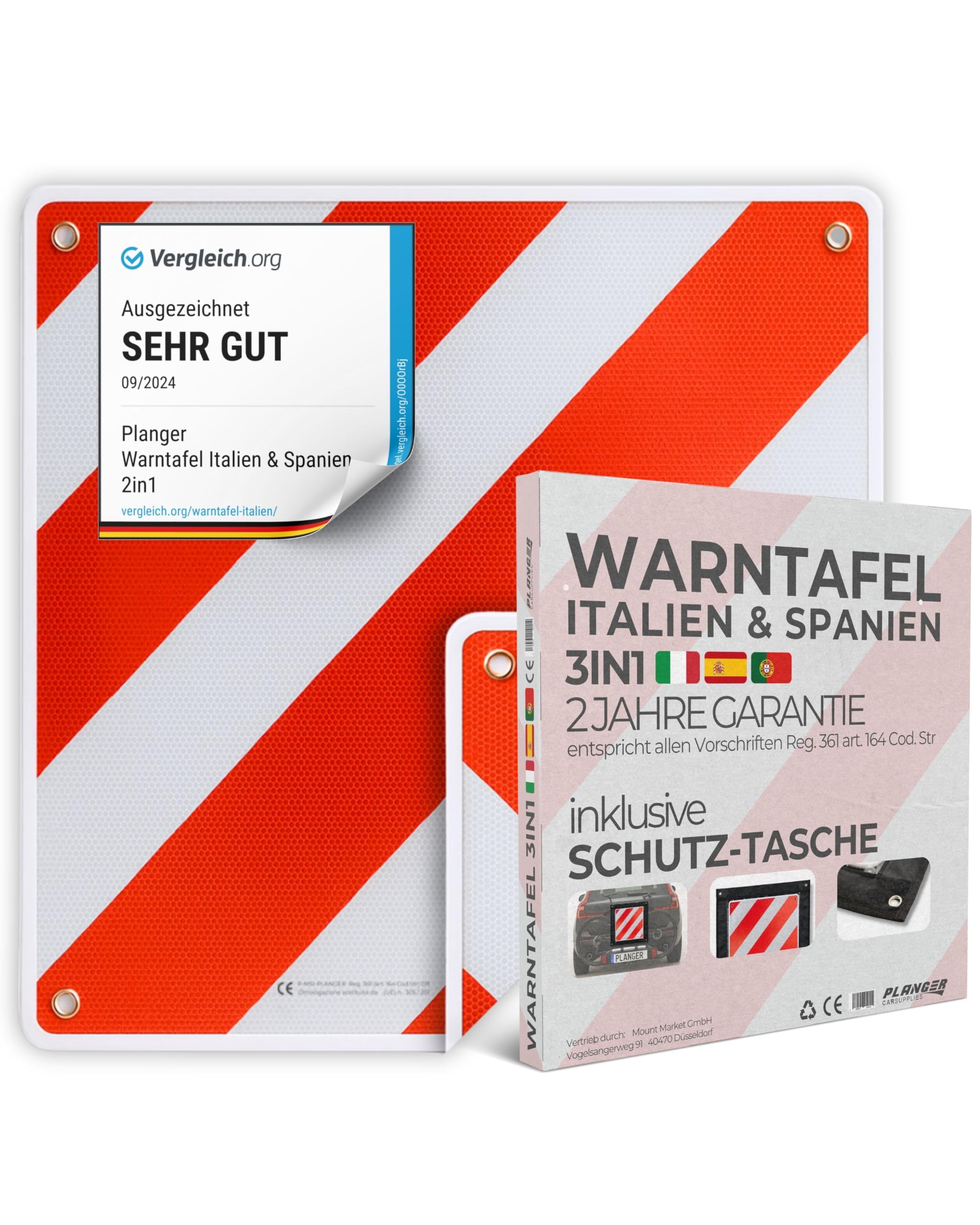 PLANGER® - Warntafel Italien und Spanien u Portugal 3in1 (50 x 50 cm) (Schild + Tasche) - Reflektierendes Warnschild rot weiß für Heckträger u Fahrradträger