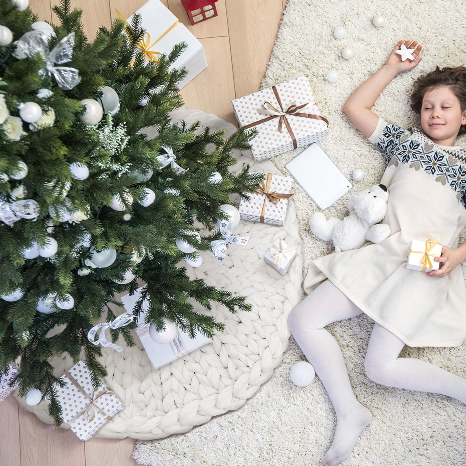 Zomiboo Jupe de sapin de Noël en tricot épais - 91,4 cm - Blanc - En tricot épais - Décoration de sapin de Noël rustique - Décoration de fête de Noël