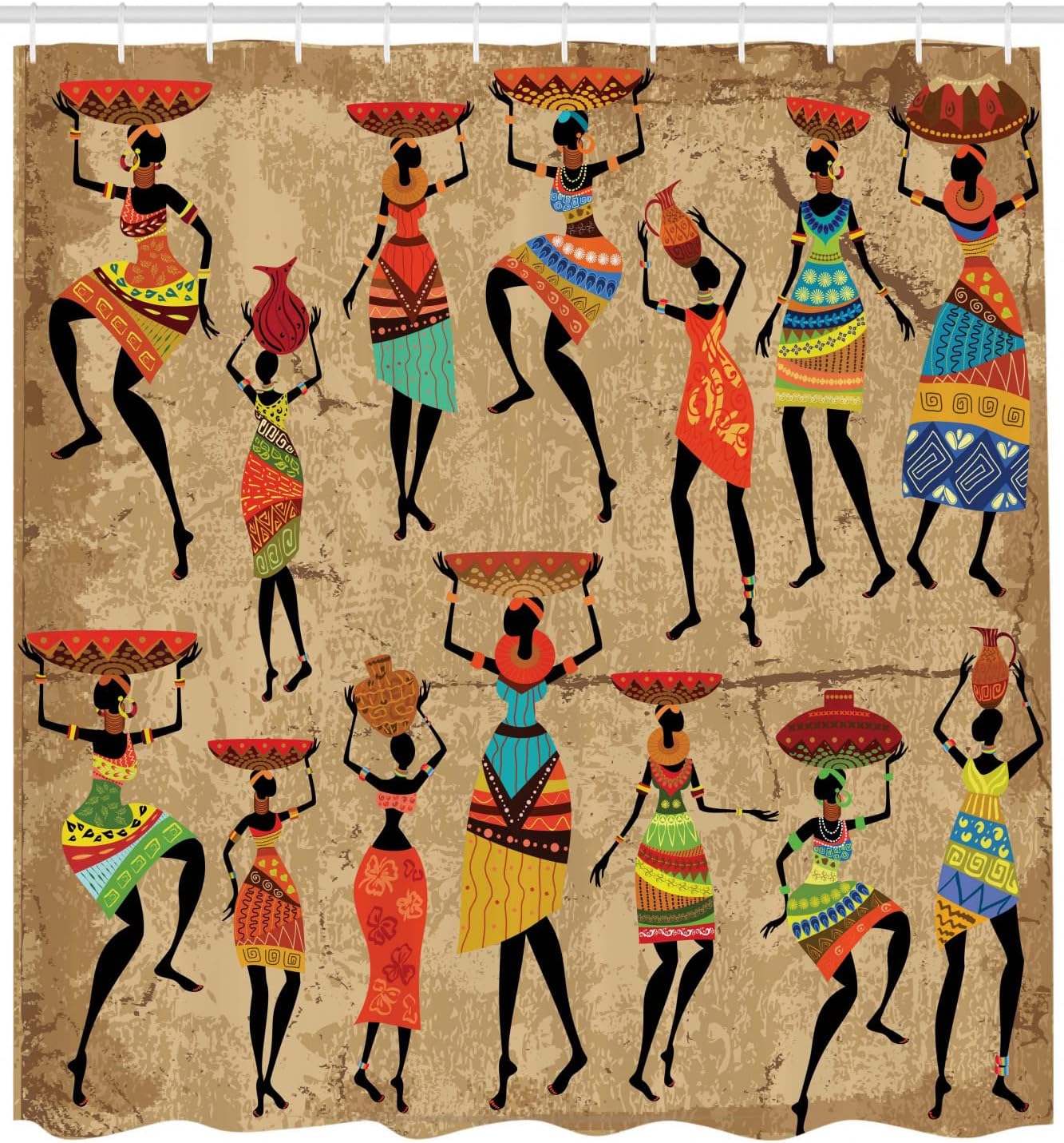Ambesonne African Shower Curtain, Woman Silhouettes with Traditional Clothes Carrying Bowls on Head, Cloth Fabric Bathroom Decor Set with Hooks, 69" W x 70" L, Ecru Multicolor