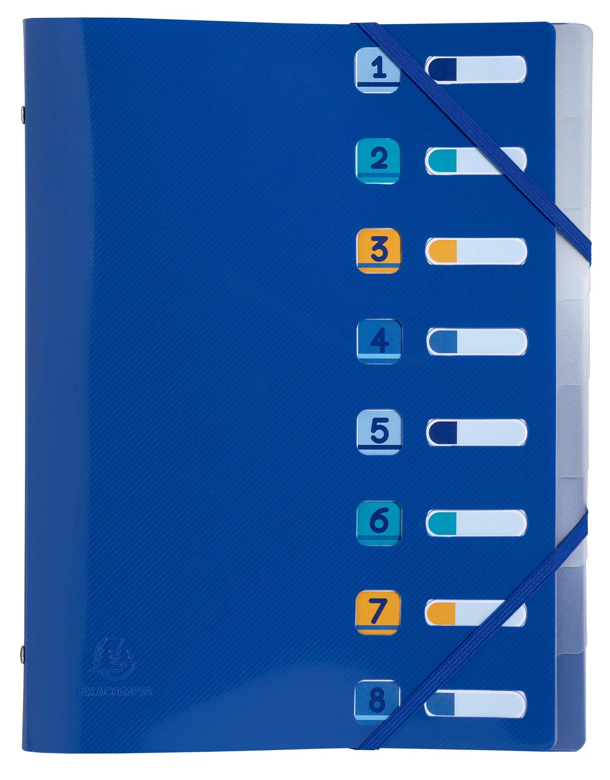 Exacompta - Ref. 56212E - Caja de 10 clasificadores Bee Blue con gomas y ventanas cortadas - cubierta e interior de PP reciclado - 8 compartimentos - para A4 - Dim 25 x 32 cm - Azul marino