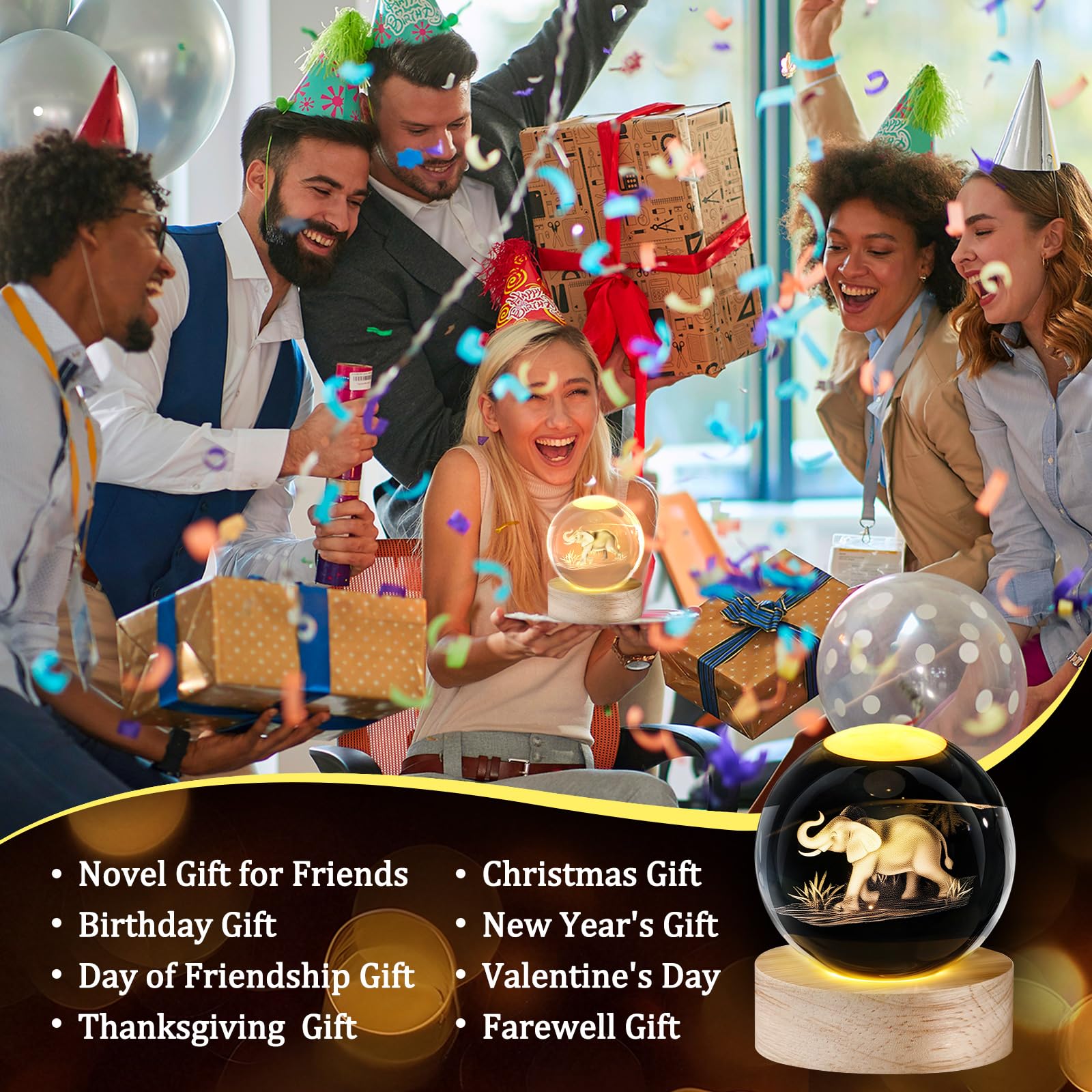 Jetec Set di 10 lampade da notte a forma di elefante in 3D, con base in legno, regalo per amici, migliore amico, dottore, regalo per donne a lunga distanza, per Natale, compleanno