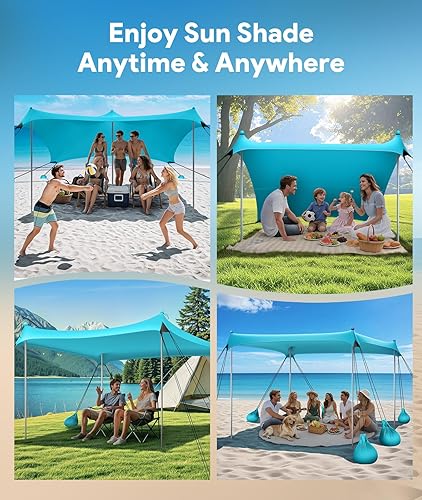 Miniatura 8 de Tienda de campaña de playa, refugio solar, toldo de playa de 10 x 10 pies, toldo UPF50+ con 8 sacos de arena y 4 postes de estabilidad, tiendas de