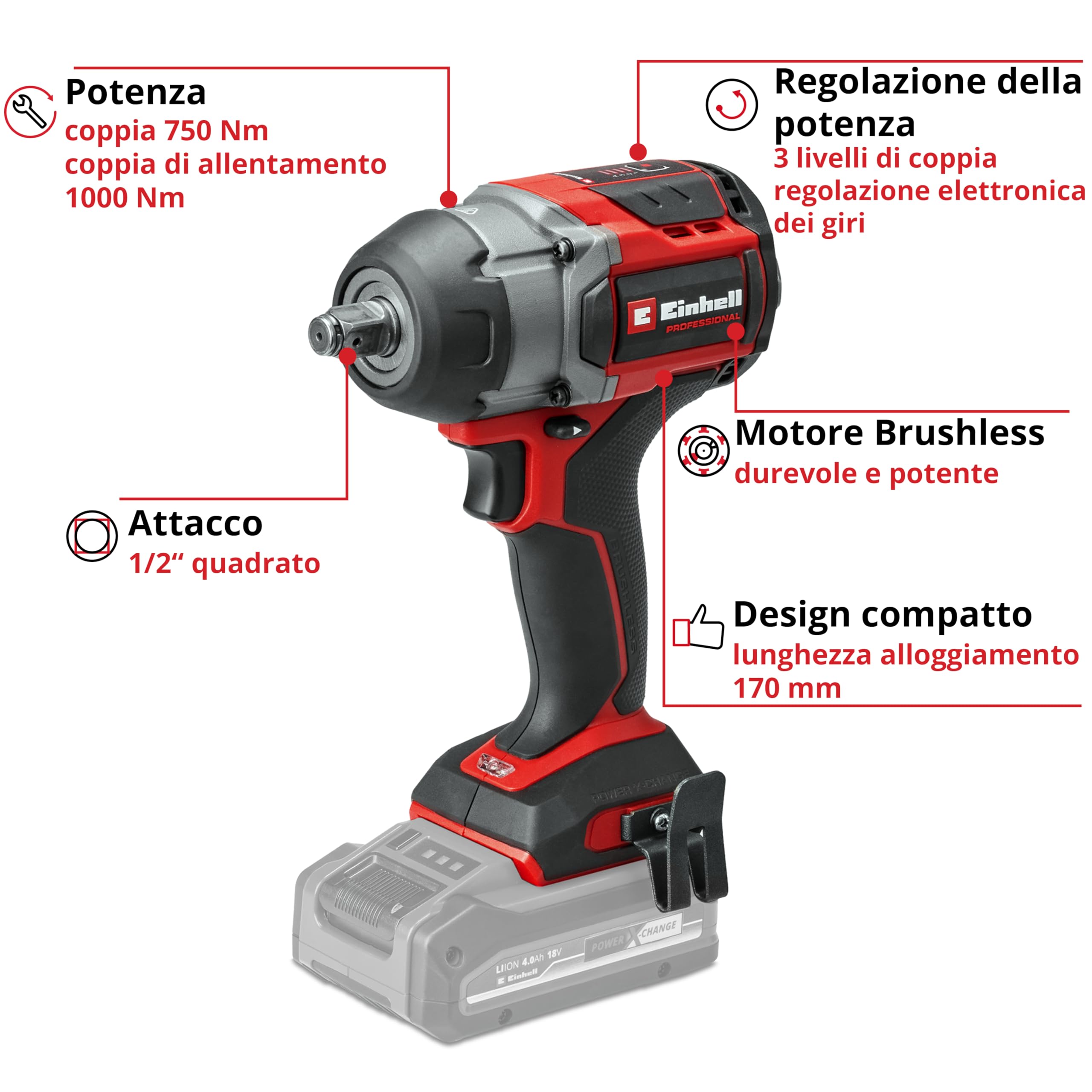 Einhell Professional Trapano a percussione a batteria TP-CW 18/750-C Li BL-Solo PXC (18 V, coppia 750 Nm, funzione di arresto automatico, Brushless, mandrino esagonale, batteria esclusa)