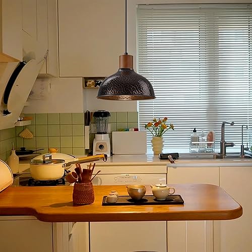 Miniatura 5 de 1 lámpara colgante negra vintage de 11 pulgadas, martillo industrial, luz colgante de metal, madera de goma, acabado de bronce aceitado, lámpara