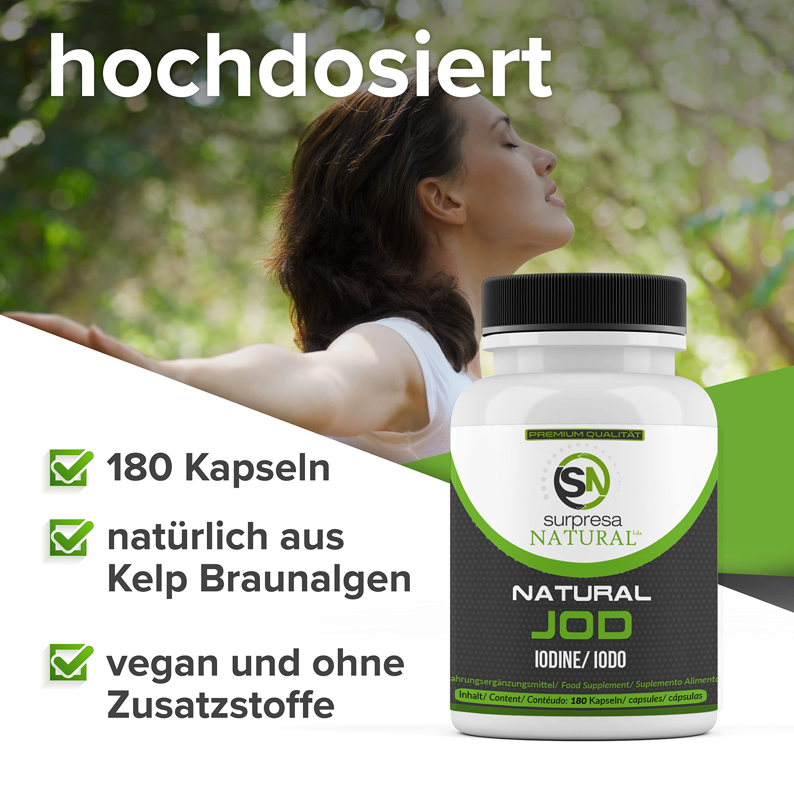 Natürliches Jod hochdosiert aus Kelp Extrakt in Kapseln | aus der Braunalge | 180 Jod Tabletten hochdosiert für 6 Monate Vorrat | salzfrei, laborgeprüft & vegan | Made in Germany