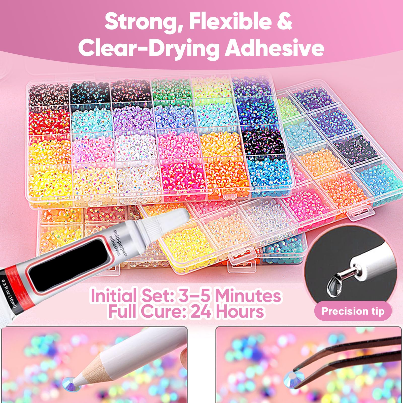 40000Pcs 40 Colors DIY Resin Jelly Rhinestones Bedazzling Kit 3mm Small, Rhinestone Kit for Bedazzling Flatback Gems, for Clothes Nail Book Diamond Art, with 3pcs Jewelry Glues (40 Color) — view 5