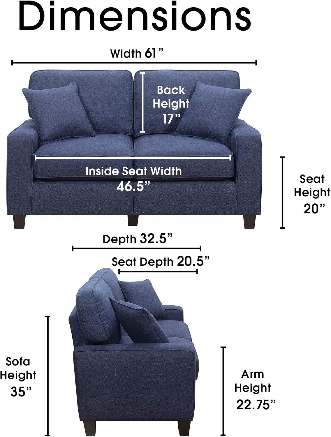 Serta Palisades Upholstered Sofas for Living Room Modern Design Couch, Straight Arms, Soft Fabric Upholstery, Tool-Free Assembly, 61" Loveseat, Navy Blue