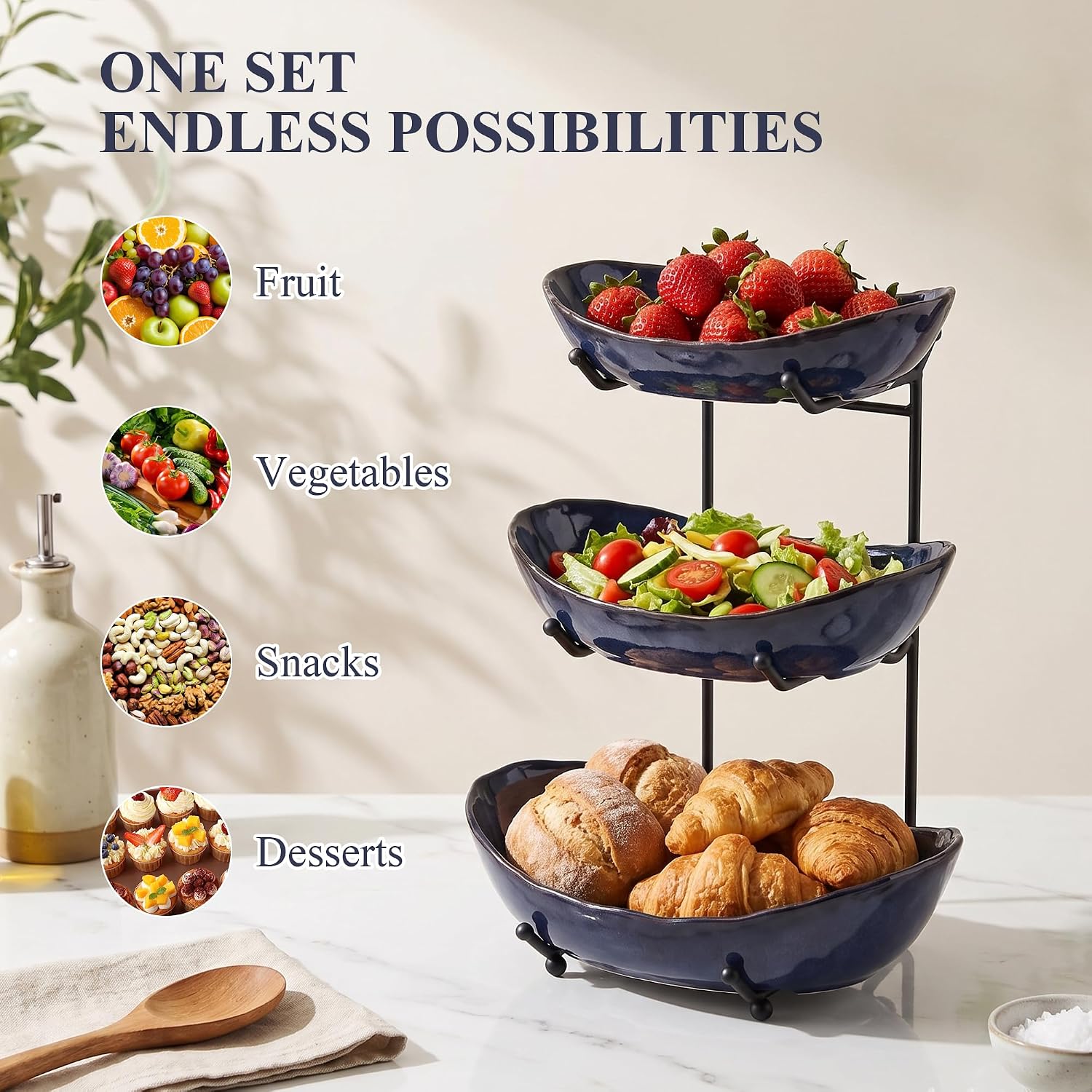 3 Tier Ceramic Fruit Bowl for Kitchen Counter, Blue Tiered Fruit Stand