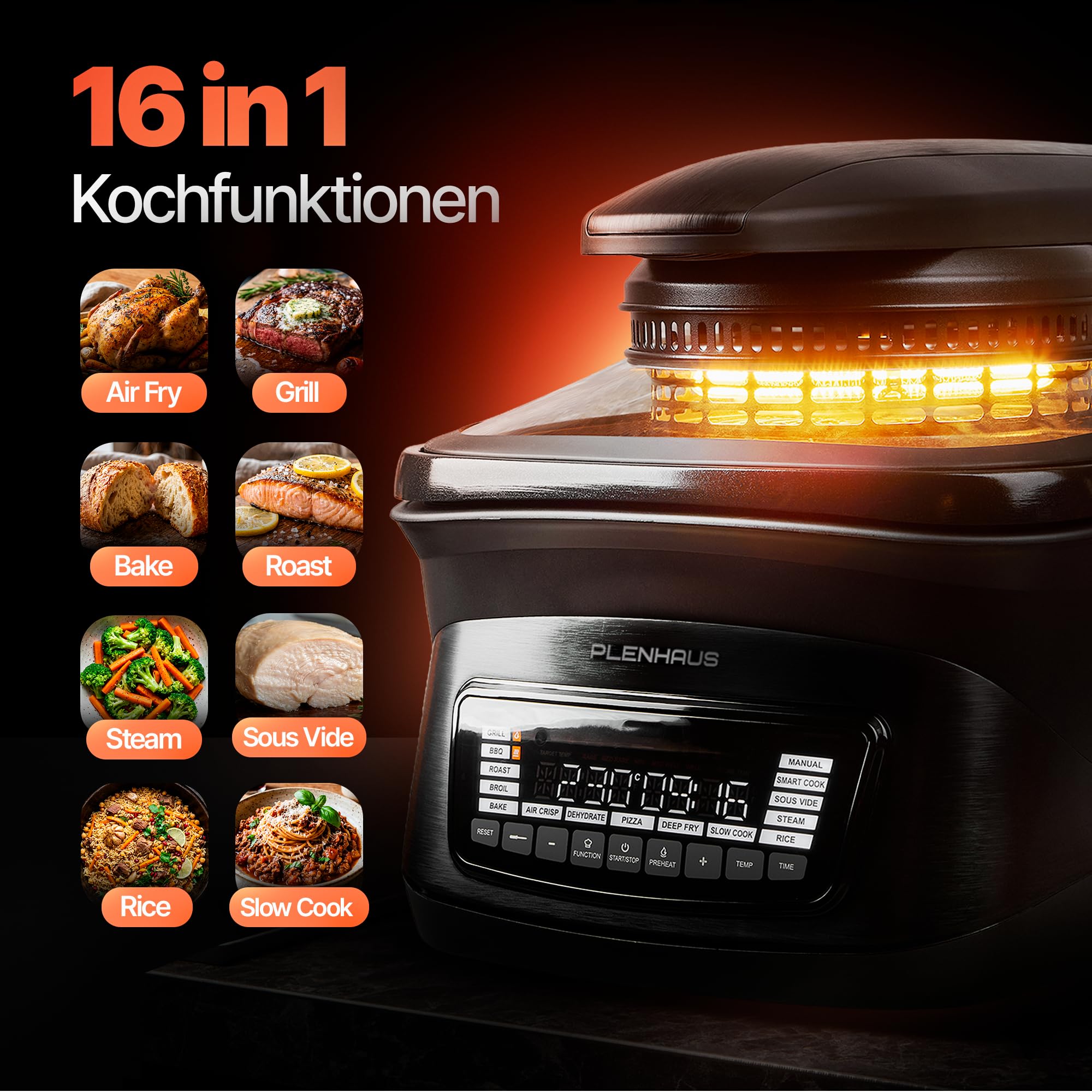 Multikocher mit Heißluftfritteuse & Grill 8L – 14 Programme, 2 Deckel (Glas & Grill), Air Fryer, Backen, Dampfgaren, Sous Vide, Dörren, Warmhalten
