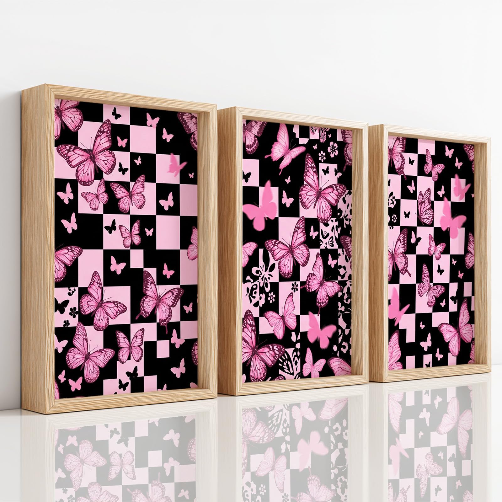 Generisch Juego de 3 pósteres Y2K a cuadros, cuadros negros y rosados, mariposas en negro, para salón, dormitorio, comedor, arte de pared, sin marco, lienzo (40 x 60 cm)