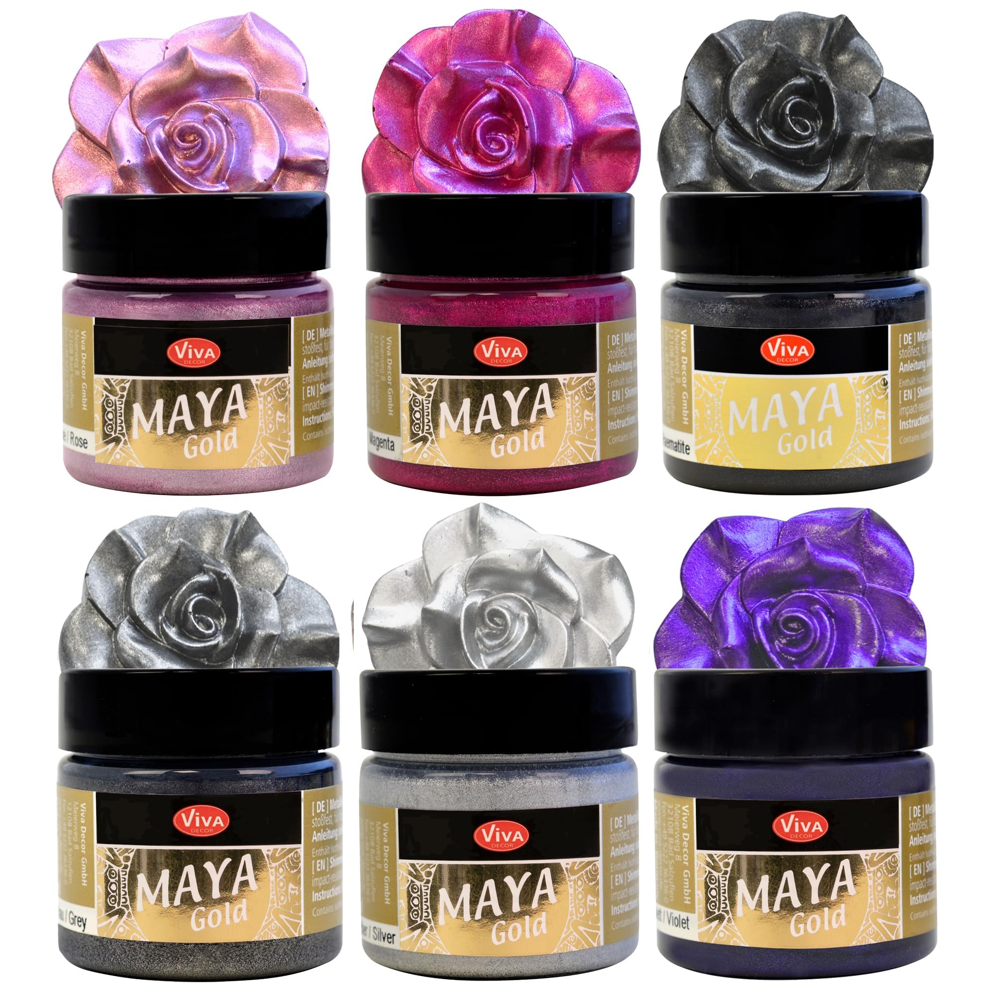 LM-Kreativ Maya Gold kit de 6 couleurs (Sweet Dreams) inclus un pinceau couleur chatoyante à effet métallique intense, décorative, couleur métallique