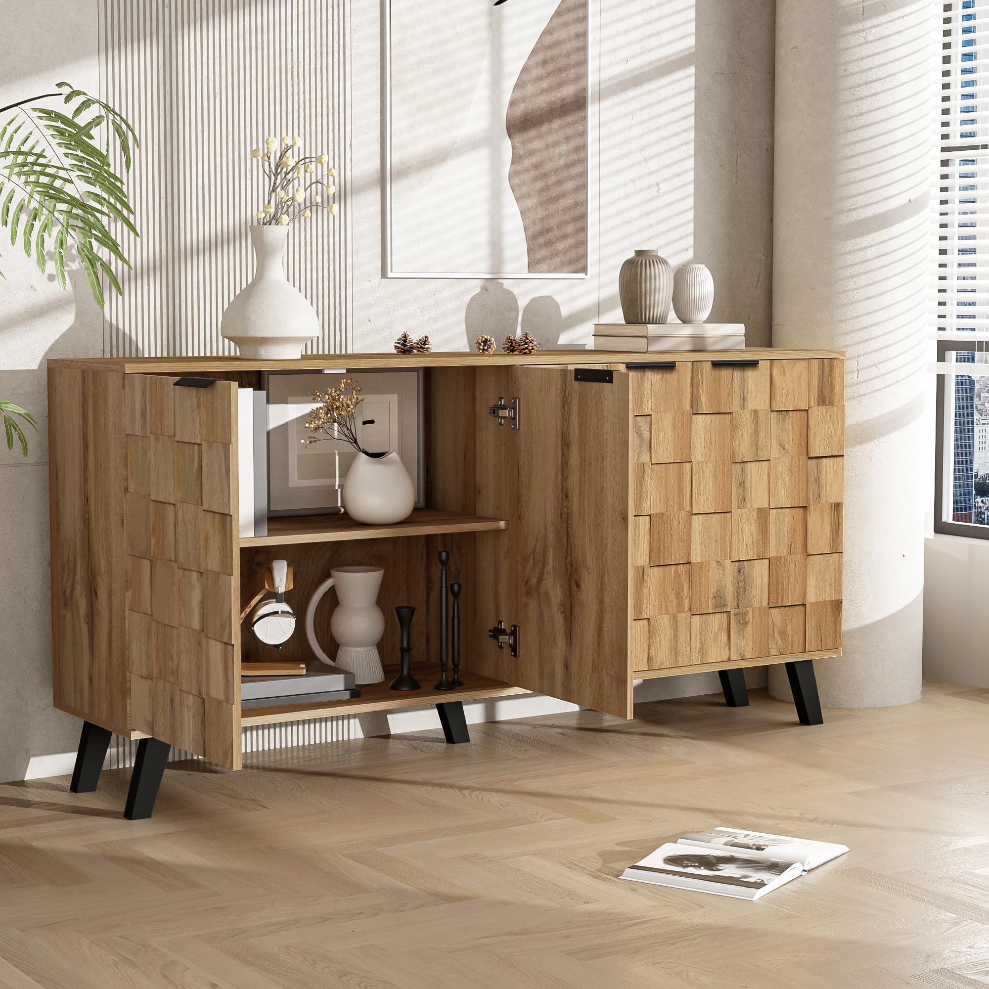 Credenza Moderna Con 4 Ante, 160.5x35.5x78 Cm, In Truciolato, Con Ripiani Regolabili, Per Soggiorno E Sala Da Pranzo - 2