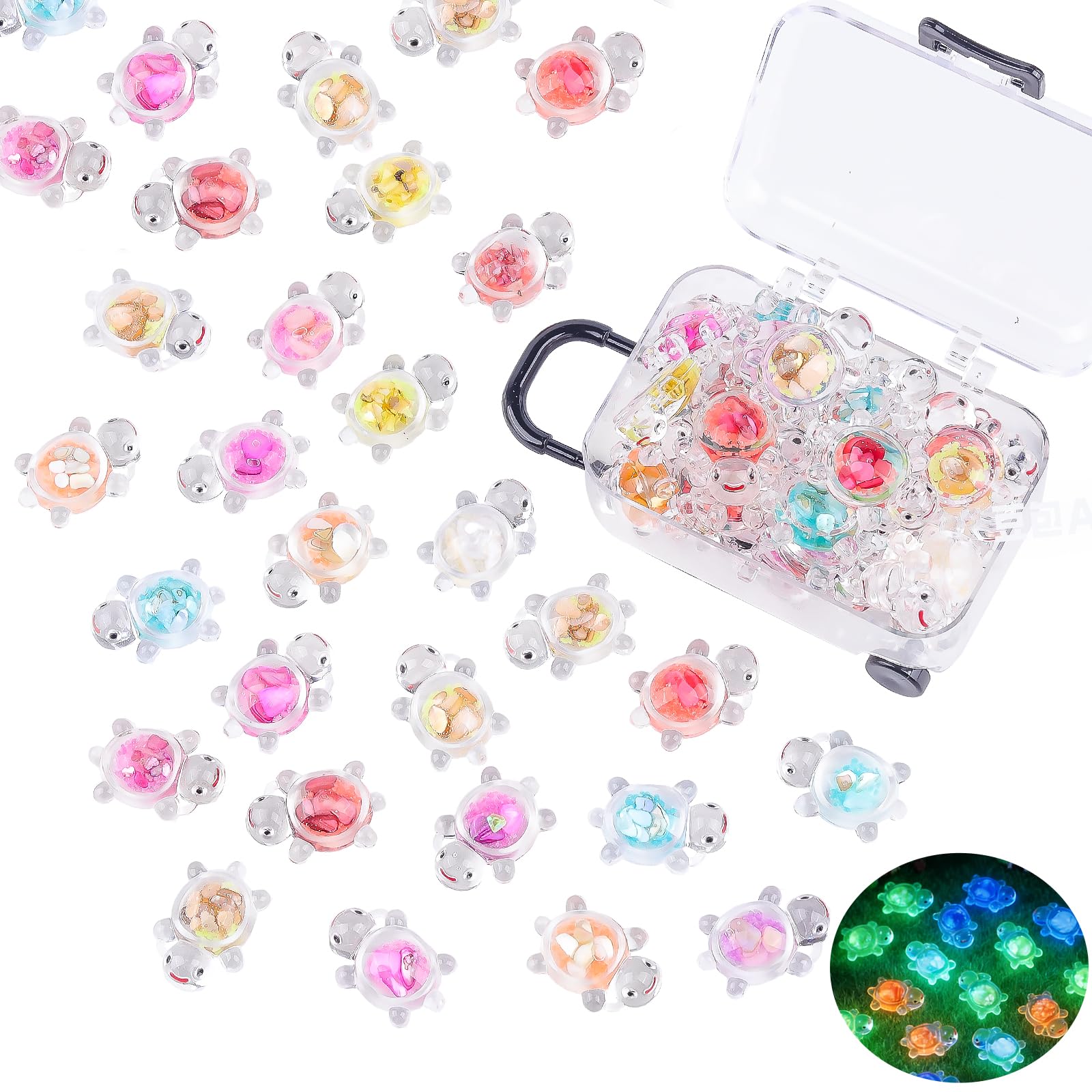 Anboor 30PCS Small Resin Turtle with 1 Pc Suitcase Boxes, Luminous Mini Resin Animals to Hide Sea Turtles Glow In The Dark Figurines for Fairy Garden Dollhouse Aquarium Decor (Seashells)