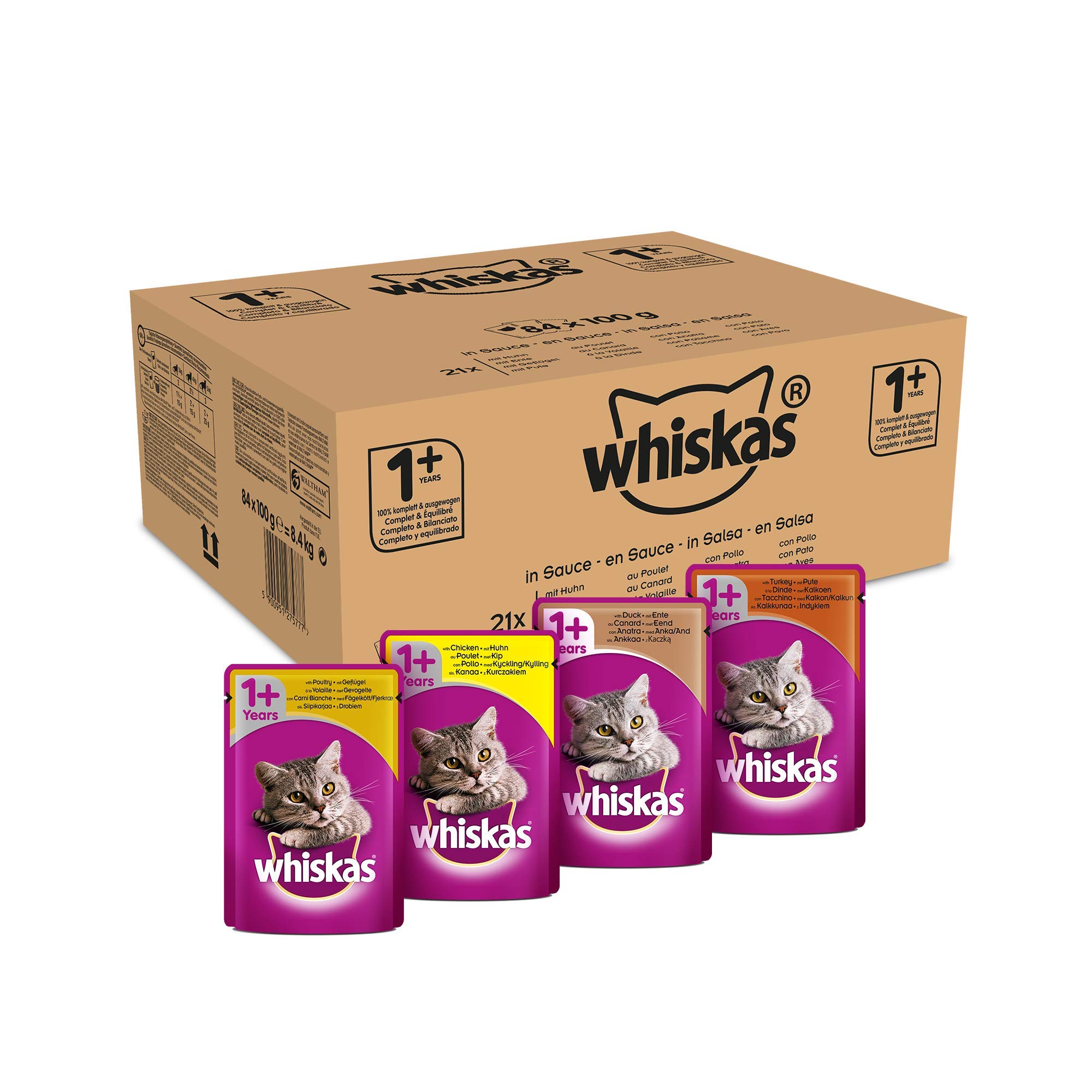 WHISKAS Repas pour Chat - 84 Sachets Fraîcheur 100g - Pâtée en Sauce - Poulet / Dinde / Canard / Volaille - Nourriture Complète & Equilibrée, Ingrédients Naturels, Adapté Chat Stérilisé