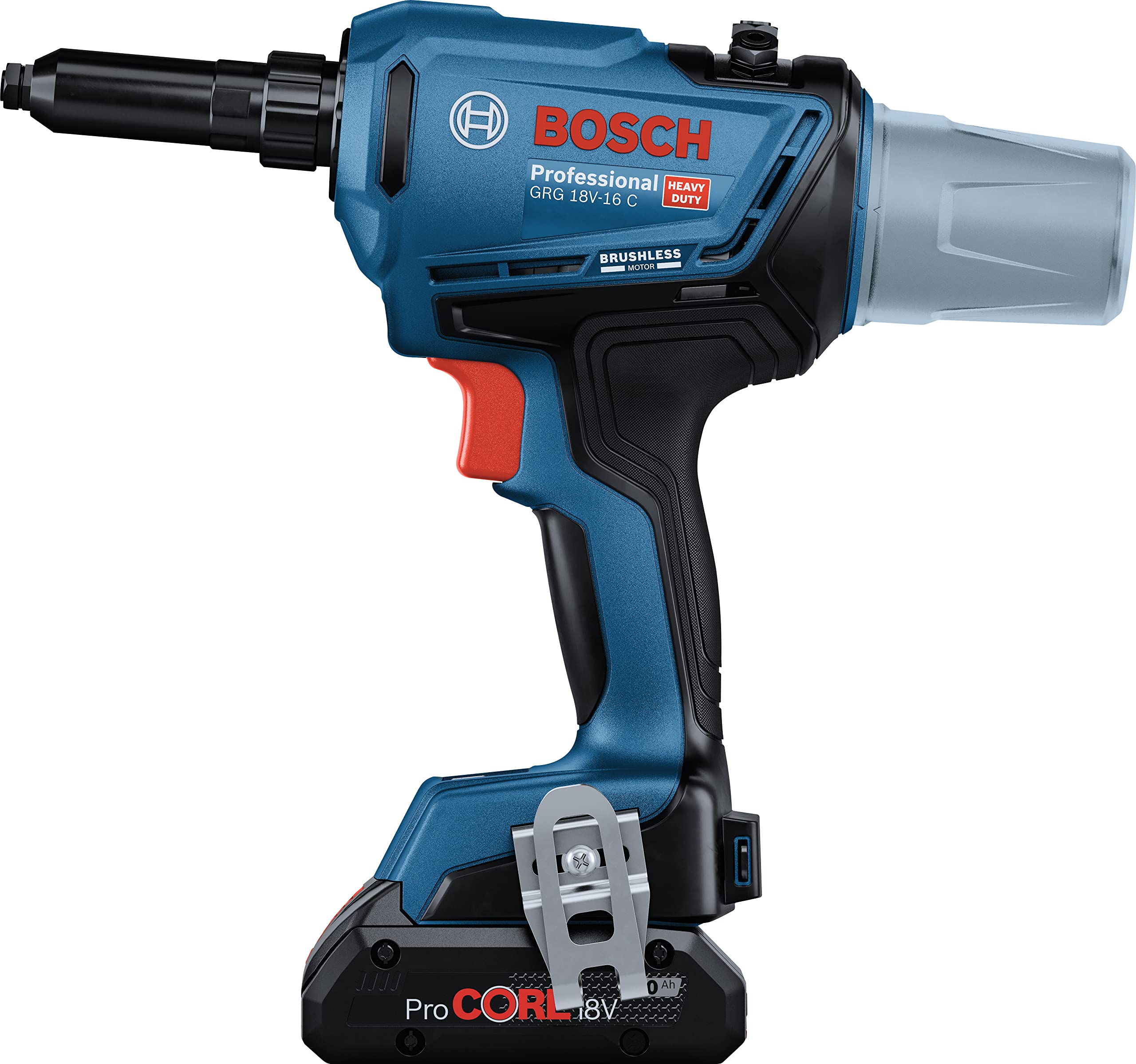 Bosch Professional system 18V: bezszczotkowa nitownica akumulatorowa GRG 18V-16 C (2 akumulatory ProCORE 18V 4.0Ah, szybka ładowarka GAL 18V-40, walizka L-BOXX)