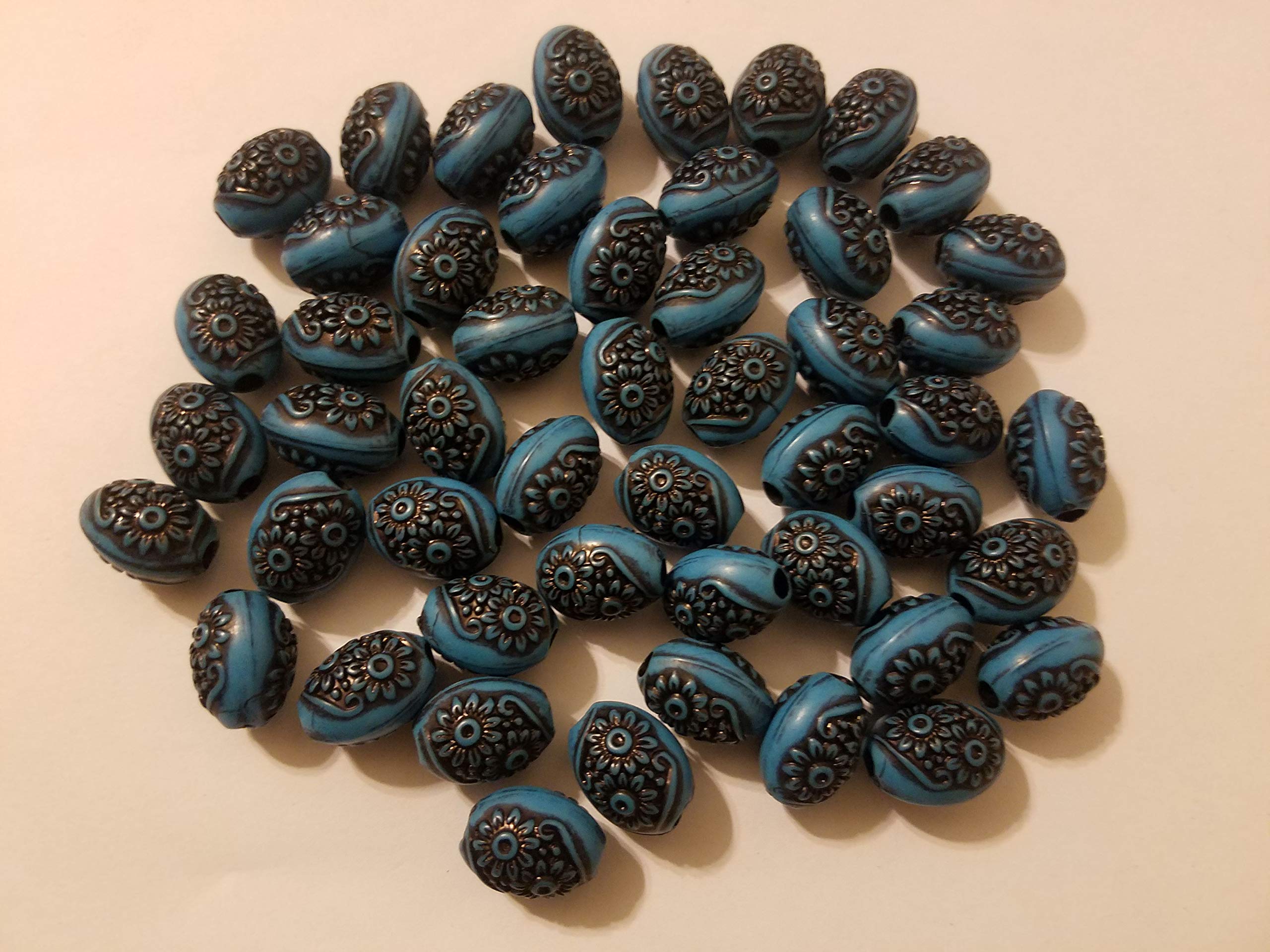 18mm Oval Sunflower Floral Pattern Plastic Craft Jewelry Beads, 50 Count (Blue)