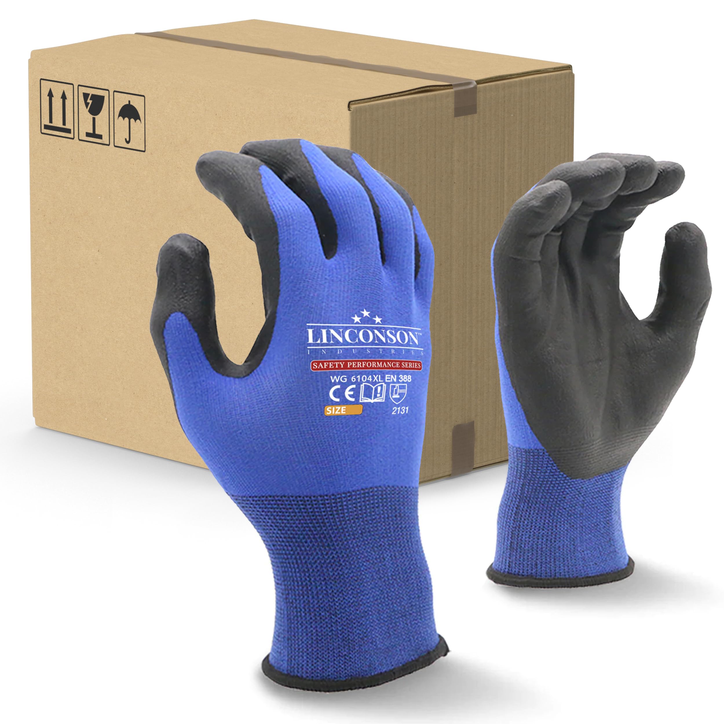 linconson 6 Pack Flexible Spandex Knit With Nitrile MicroFoam Palm Construction & Mechanics Safety Work Gloves (Blue, Medium (12 Pack))