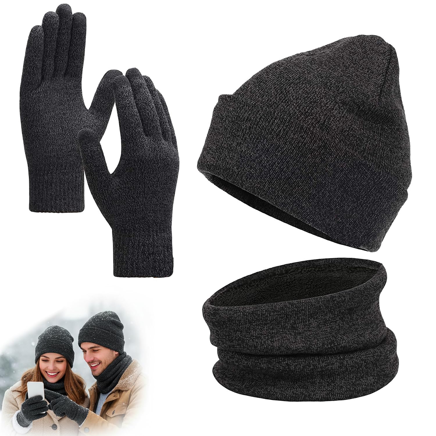 KASTWAVE Winter Beanie Hat Scarf Touchscreen Gloves Set - Knit Thick Fleece Lined Warm 3-Piece Warmer Set for Men and Women, One Size