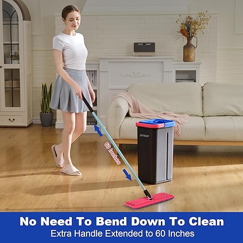 Miniatura 5 de JOYMOOP Sistema de trapeador plano y cubo de microfibra, trapeadores para limpieza de suelos y limpiador de paredes, madera dura, azulejos, Negro,