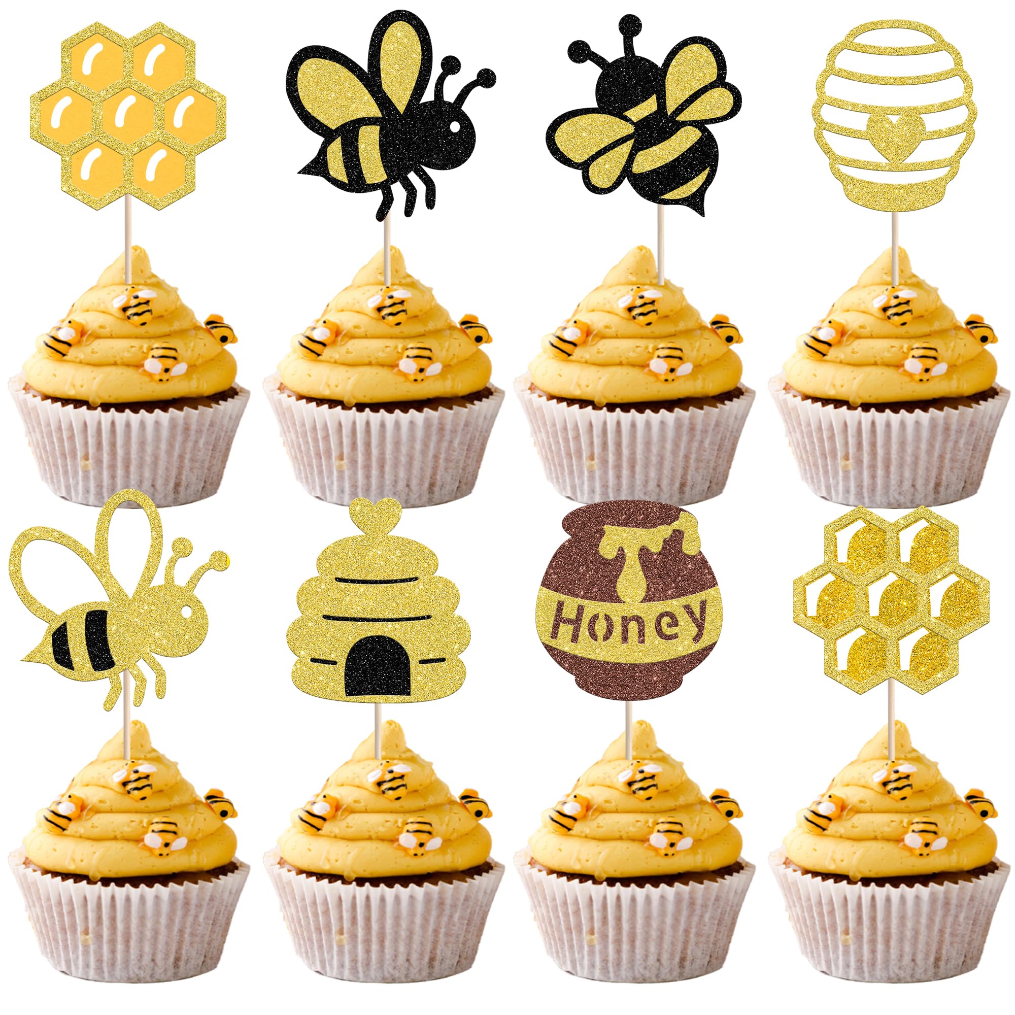 SYKYCTCY 32 Pack Bumble Bee Cupcake Toppers Glitter Bee Honeycomb Cupcake Food Picks Bee Theme Baby Shower Boys Girls Birthday Party Cake Decorations Supplies