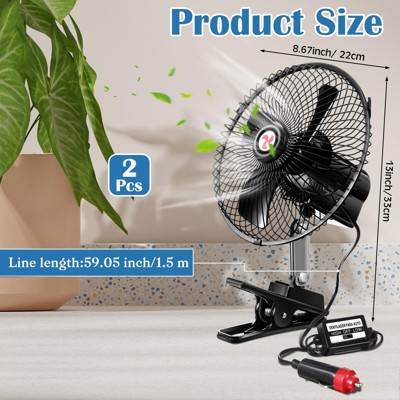 Tujoe 2 Pcs Portable Car Fan with Car Cigarette Lighter Electric Cooling 12 Volt Oscillating Fan 12 Volt Fan Automobile Vehicle 360 Degree Swivel Fan with Clip for Car Truck Supplies, Black (10 Inch)