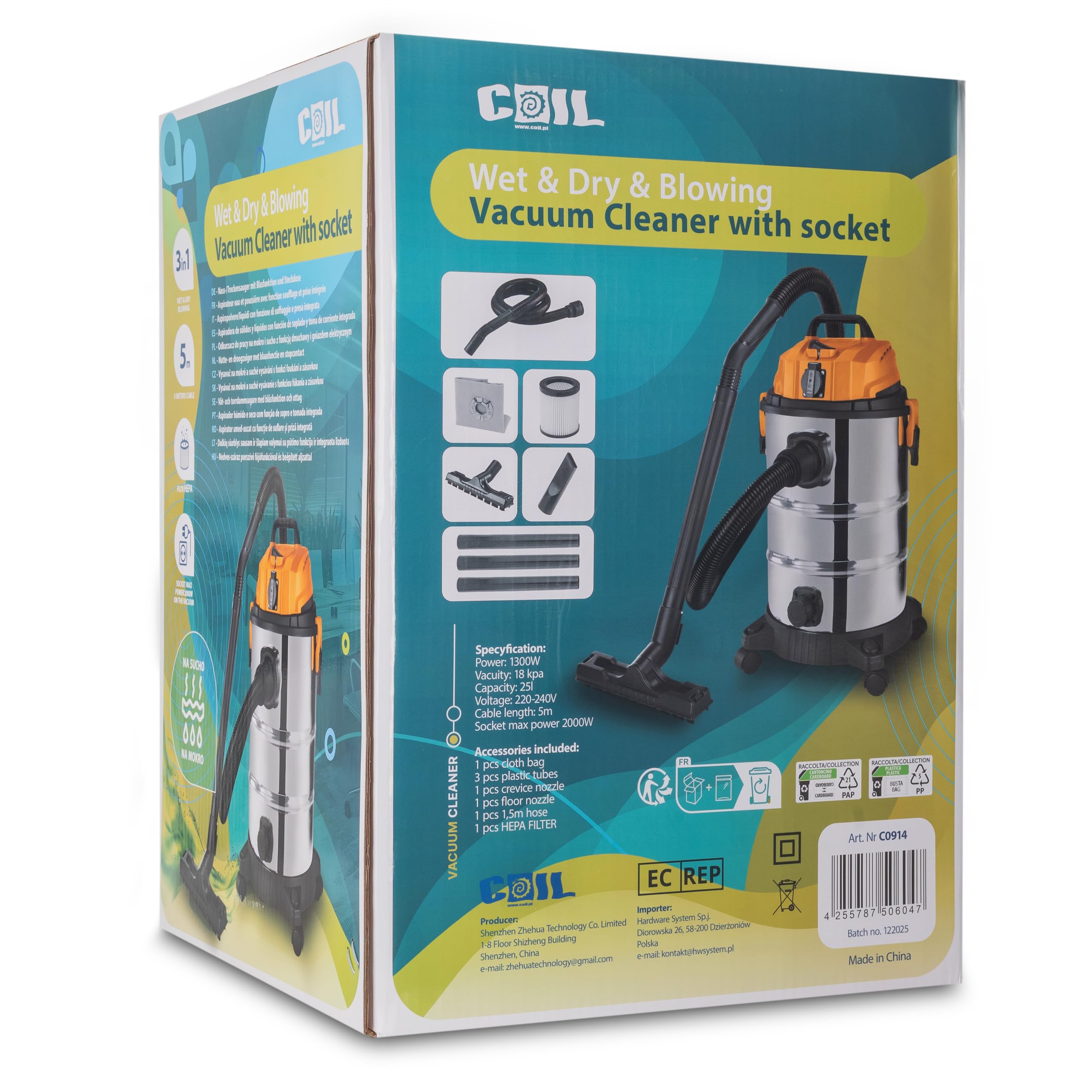 COIL Aspiradora 1300 W 25L Aspiradora Industrial con Enchufe y Función de soplado, Filtro HEPA para Taller, Obra de Construcción, Garaje, Contenedor de Acero Inoxidable