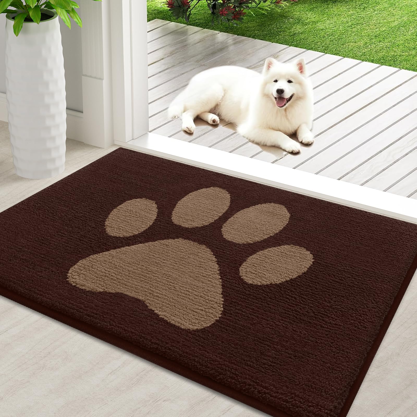 Buganda Dog Door Mat for Muddy Paws, Absorbent Dirt Trapper Non Slip Indoor Doormats, Washable Low-Profile Mat for Mud Dogs, Entryway Carpet for Inside Floor (36x24 Inches, Brown)