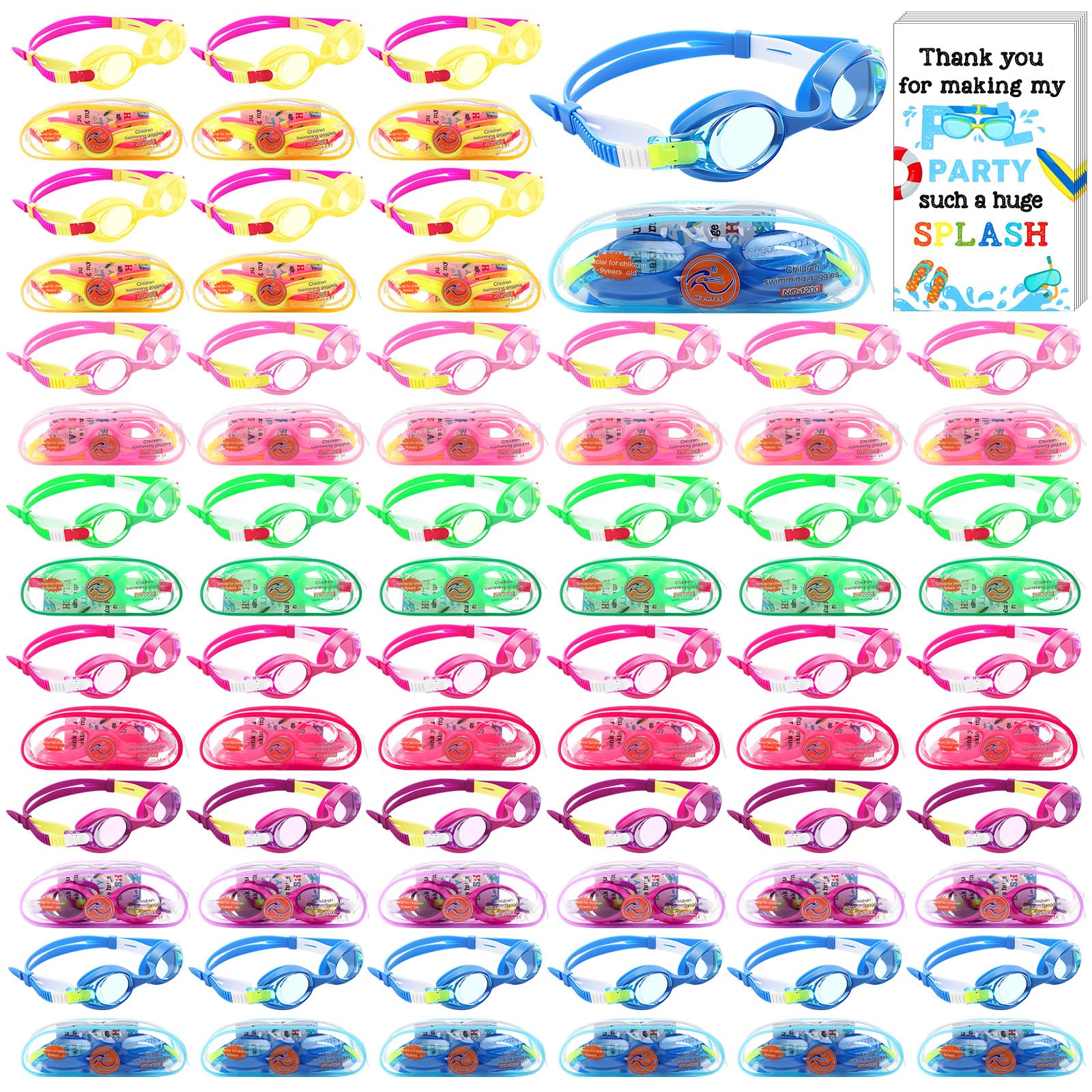 Relaxweex 36 Sets Schwimmbrillen, Geschenke, Großpackung mit Dankeskarten für Pool-Party, verstellbare Anti-Beschlag-Schwimmbrille mit Etui für Sommer, Ende des Jahres, Outdoor-Aktivitäten