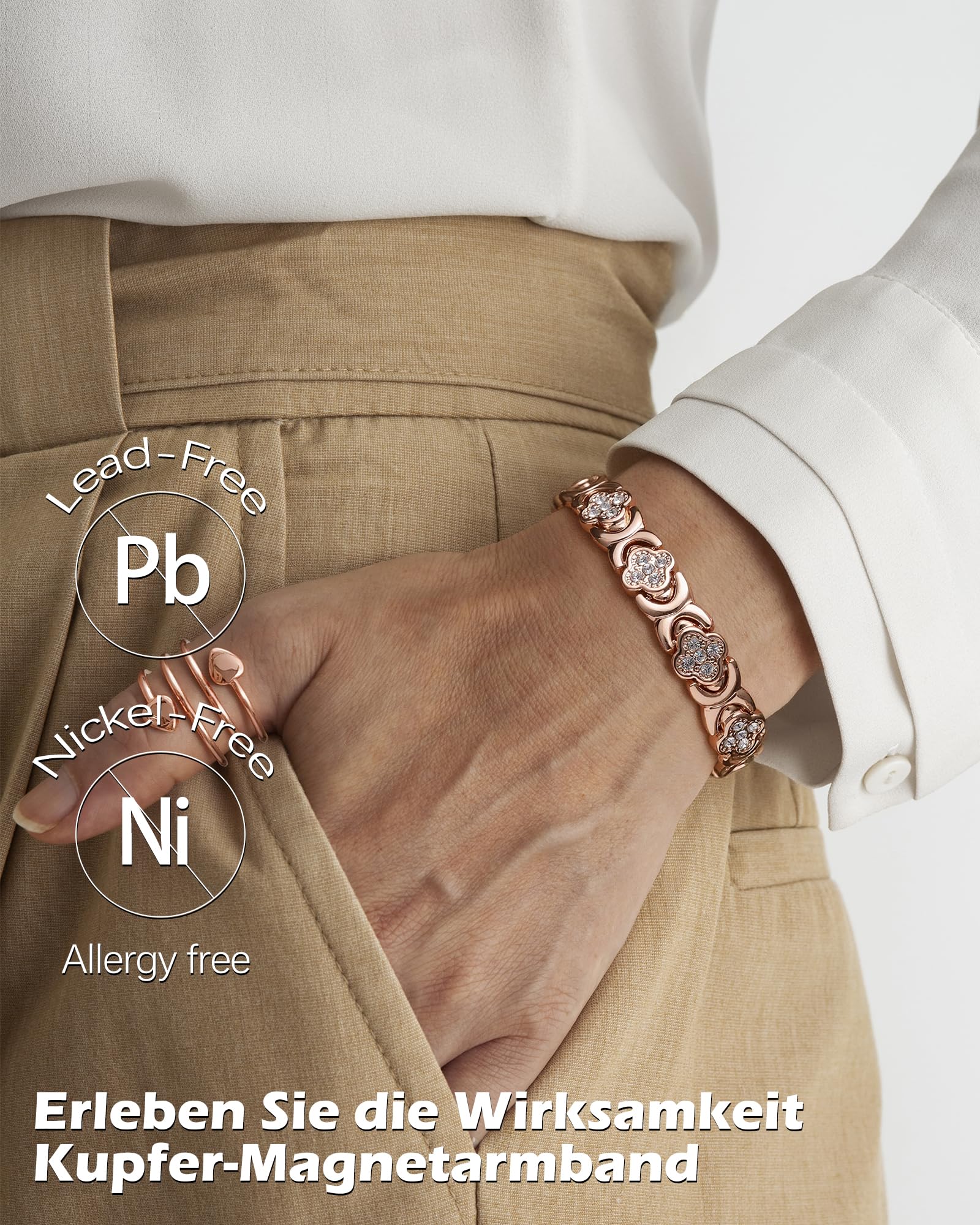 Jeracol Kupferarmband Damen und Magnetfeldtherapie Ring, gefertigt aus 99% reinem Kupfer, mit eingelegten Neodym-Magneten und funkelnden Zirkonia-Steinen, verstellbares Magnetarmband