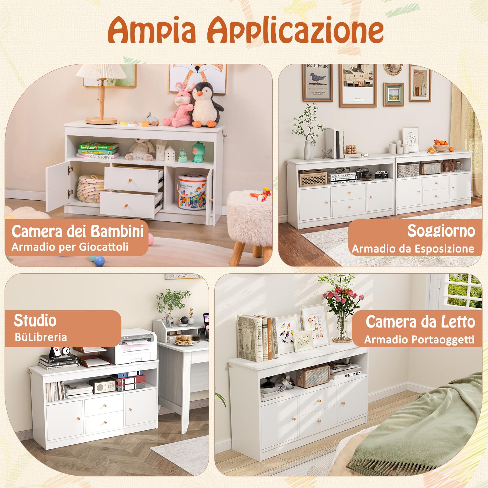 GYMAX Armadio di Giocattoli per Bambini, Mobile con 2 Cassetti, 2 Armadi Chiusi e 1 Scomparto Aperto, Scaffale Libreria in Legno da Pavimento per Sala Giochi, Asilo, Cameretta, 106x30x62 cm (Bianco)