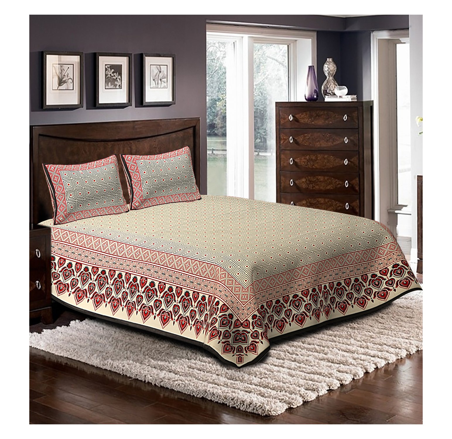 Rustic India 200 TC Bedsheet with 2 Pillow Covers - Abstract, King, Multicoloured