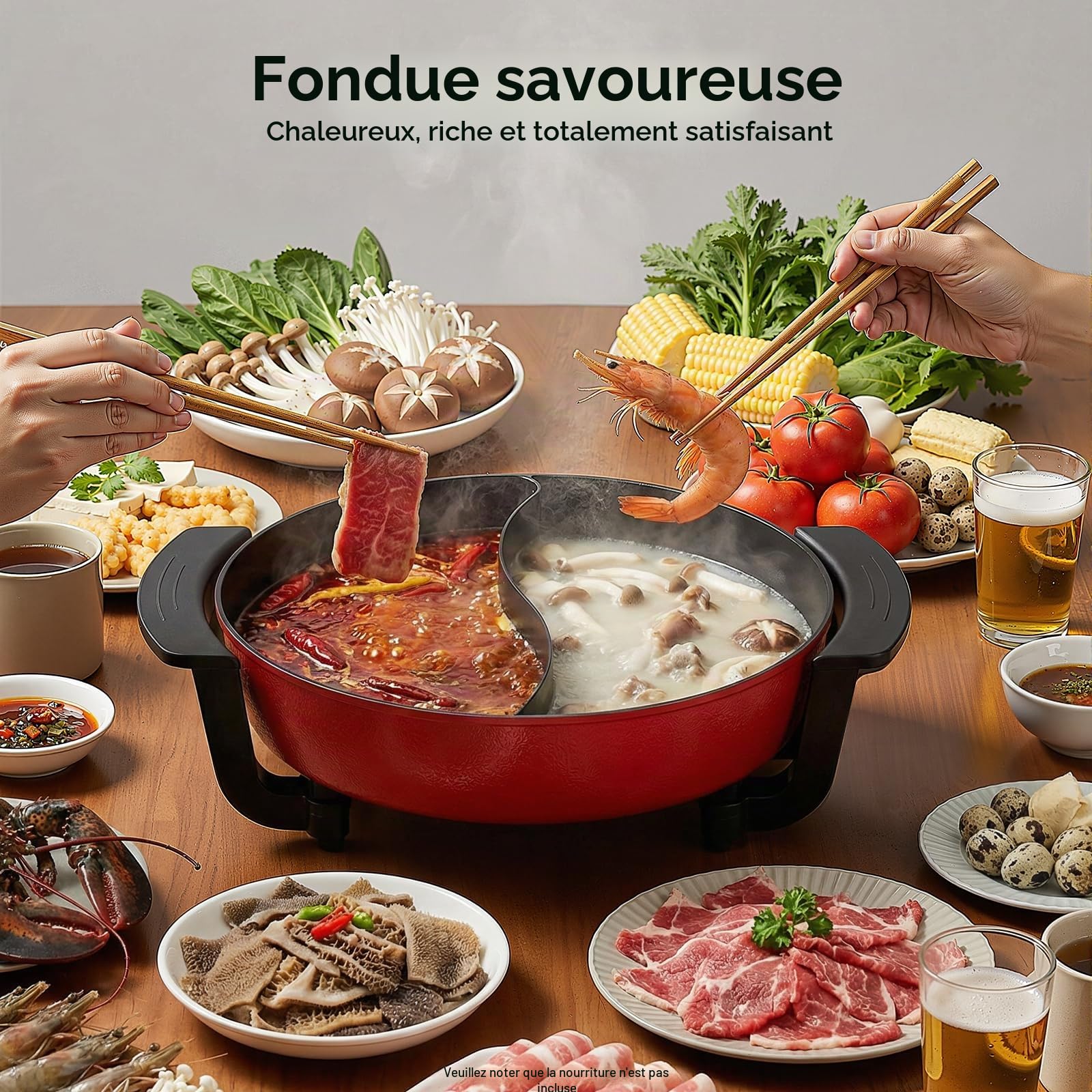 1360 W 6l Faitout électrique avec séparateur, Température réglable, Avec couvercle en verre, Prend en charge différentes méthodes de préparation, y compris la friture, la cuisson et la