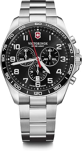 Victorinox Swiss Analog Watch for Men – Black Dial with Stainless Steel Bracelet, Stylish Wrist Watch for Business and Casual Wear – FieldForce Classic Chrono (42 mm)