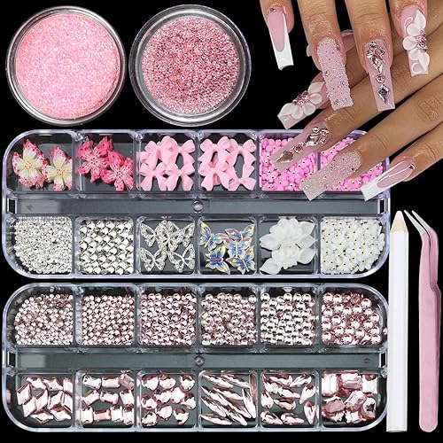 Bow Flower Nail Art Charms with Pink Nail Rhinestones Various Shapes Heart Oval Nails Gems Crystal Mixed Size Rhinestones 0.06-0.16in Nails Design Decoration for Women Manicure DIY(Pink)