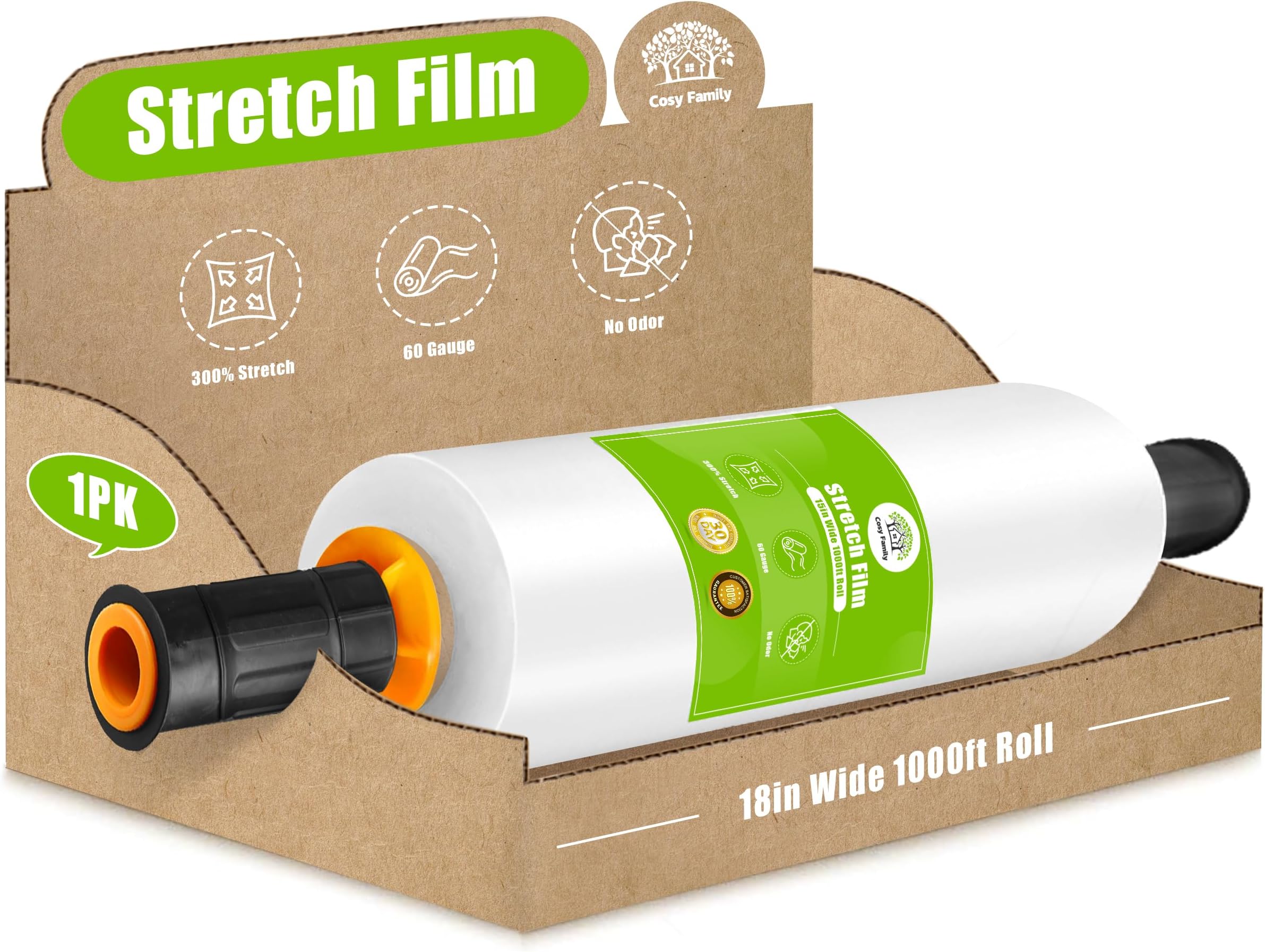 Cosy Family Plastic Wrap Stretch Film Roll - 1000ft 60 Gauge Industrial Strength 18 inch Wide Clear Plastic Wrap Roll with Handles for Pallet Wrapping Shipping Moving - Clear, Pack of 1