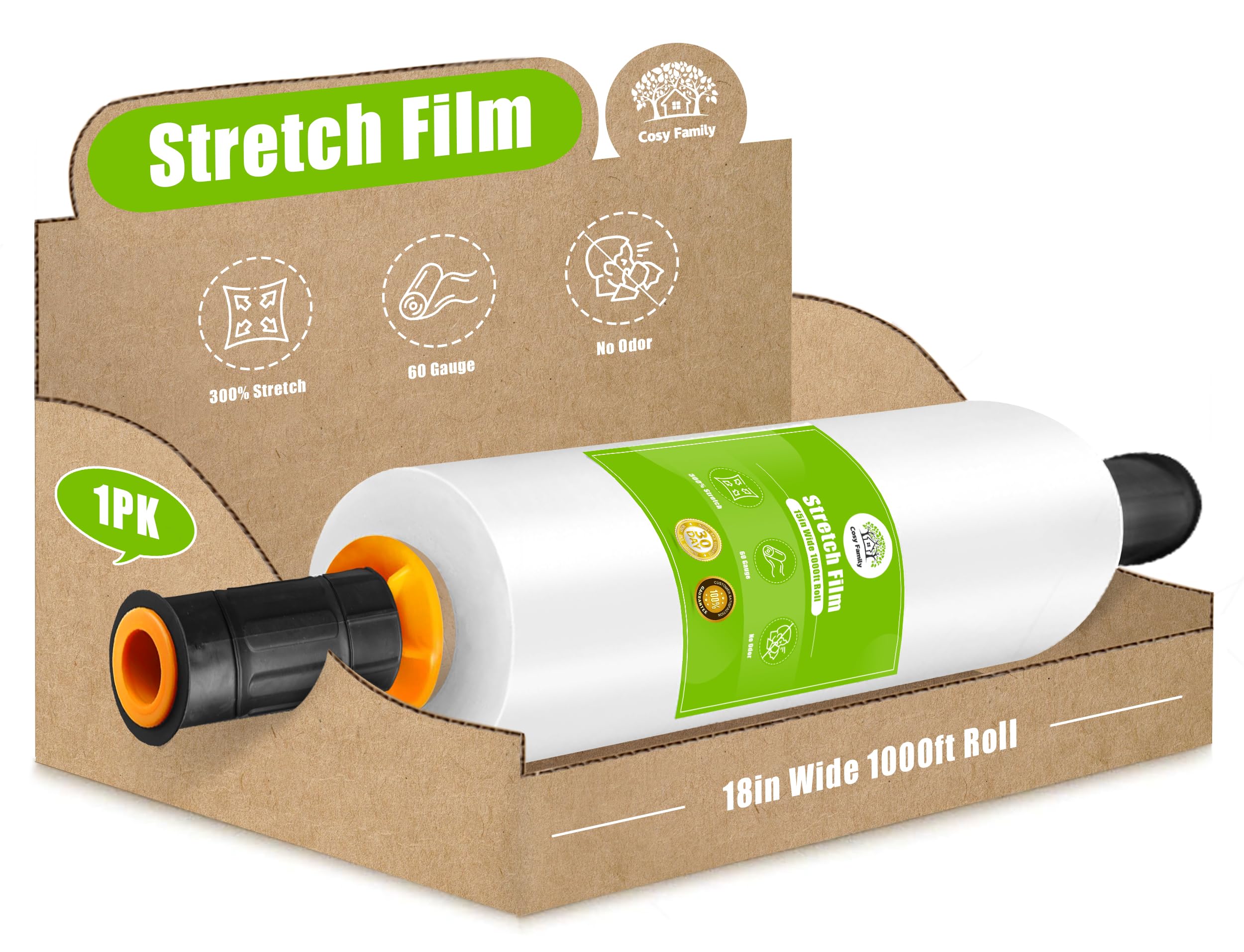Cosy Family Plastic Wrap Stretch Film Roll - 1000ft 60 Gauge Industrial Strength 18 inch Wide Clear Plastic Wrap Roll with Handles for Pallet Wrapping Shipping Moving - Clear, Pack of 1