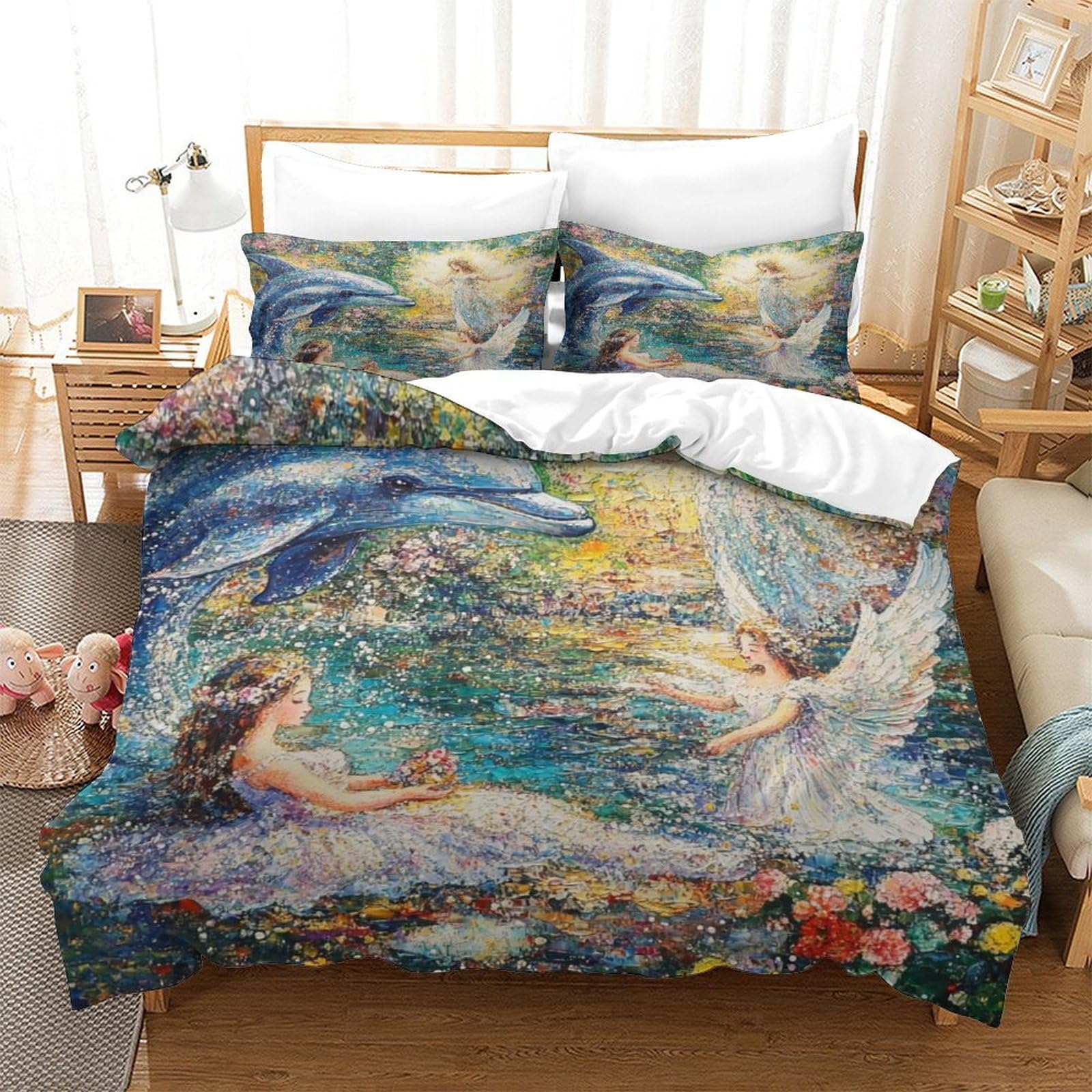 Fantasia di delfini Impressione 3D 3 pz fodera per edredone scena d'acqua angelica coperteletto microfibra zip antiacari per ragazze adolescenti adulti King（220x240cm）