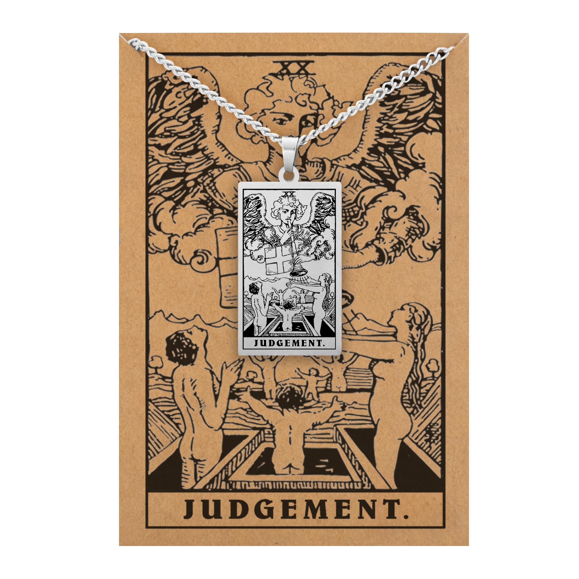 Pax Amare Tarot Kette 20 Gericht – Silberfarben – 22 Große Arkana Anhänger mit Rider-Waite Karte – Edelstahl Halskette Silberfarben 60cm – Spiritueller Schmuck & Geschenkidee