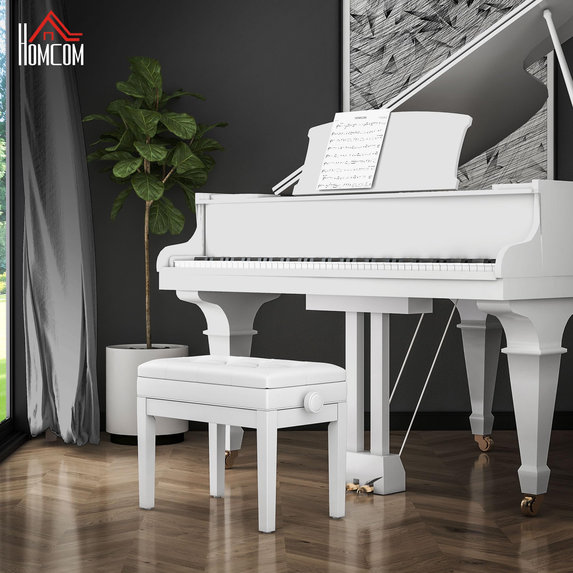 HOMCOM Panca per pianoforte, panca per tastiera regolabile in altezza in legno massiccio, sgabello per pianoforte con vano portaoggetti, sedile imbottito in poliuretano con 10 tasti, stabile e