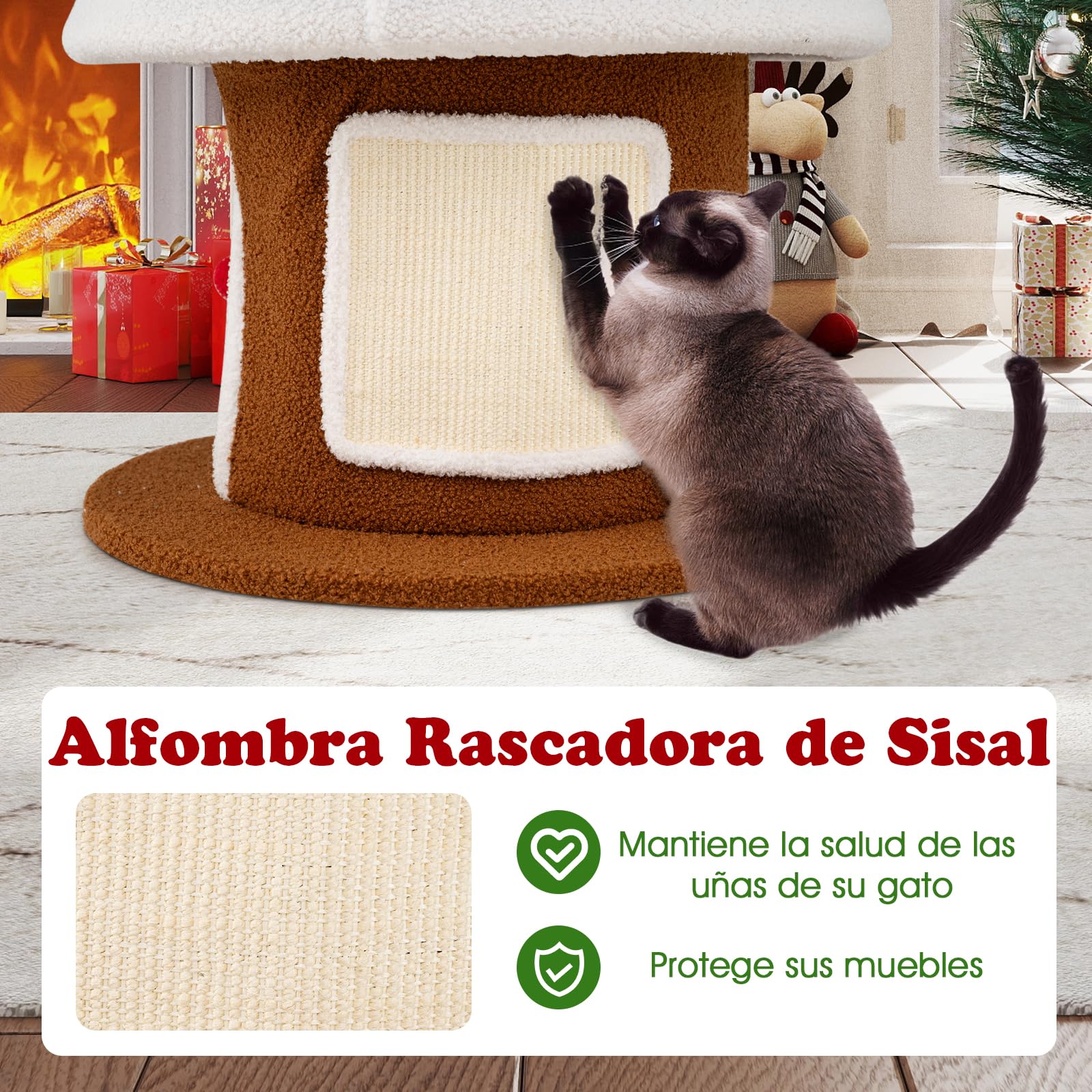 GYMAX 154 cm Árbol de Navidad para Gatos, Torre Multinivel para Gatitos con 4 Condominios, Alfombra Rascadora de Sisal, Juguete Colgante y de Resorte, Mueble de Escalada para Gatos (Estilo 5)