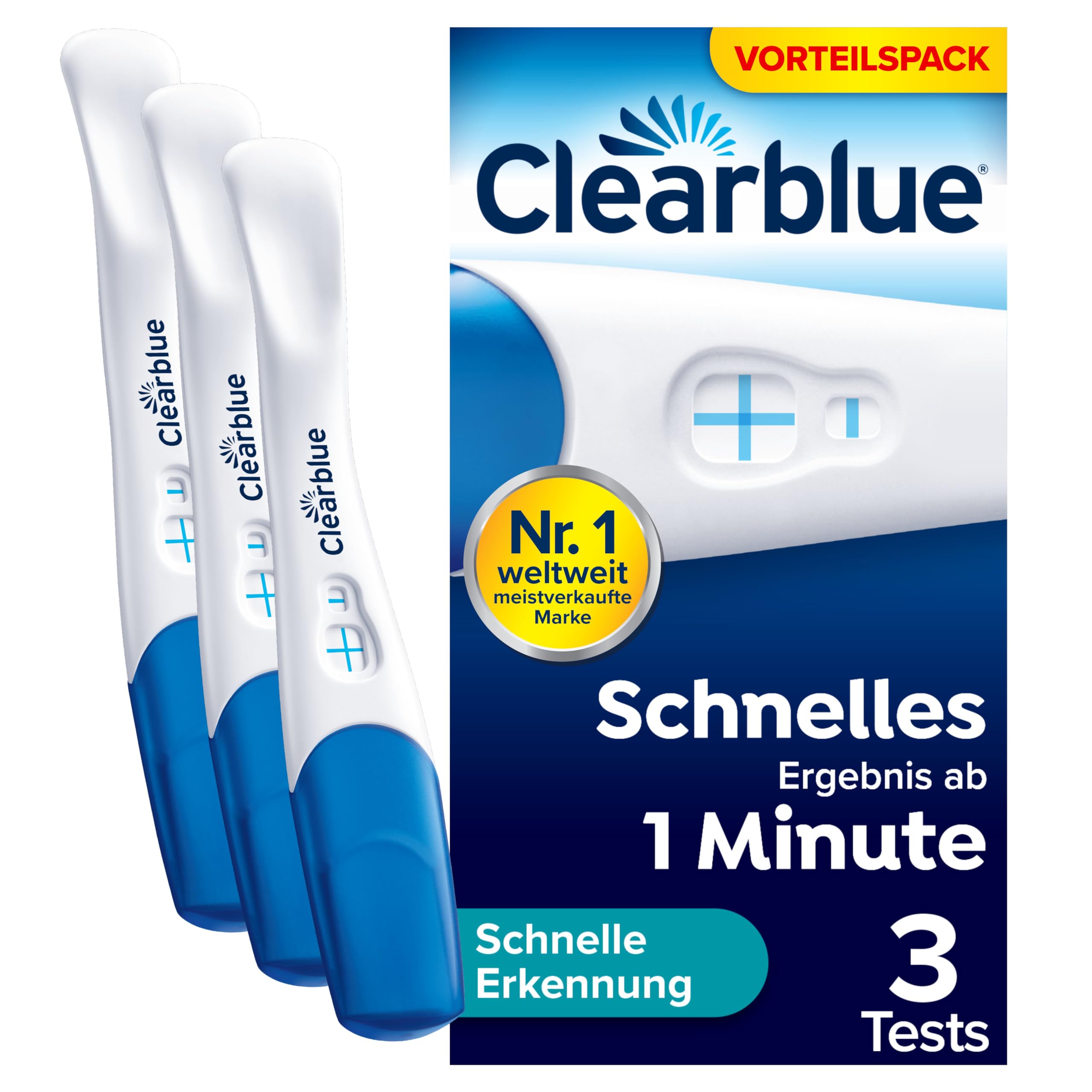 Clearblue Schwangerschaftstest, Schnelle Erkennung Vorteilspack, Ergebnis innerhalb von 1 Minute möglich, 3 Tests