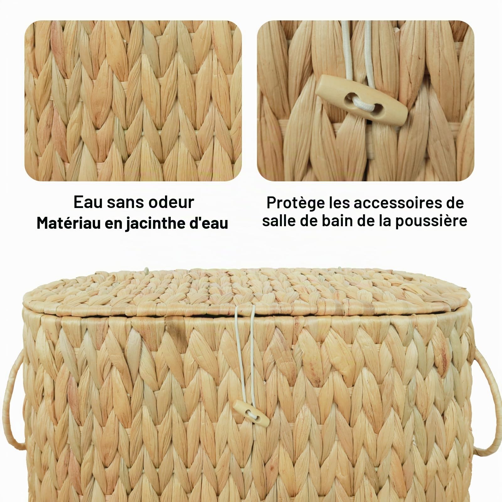 Coeusy Panier à papier toilette avec couvercle, organisateur et rangement, peut contenir jusqu'à 6 méga rouleaux, accessoires décoratifs en rotin tissé à la main, jacinthe d'eau naturelle
