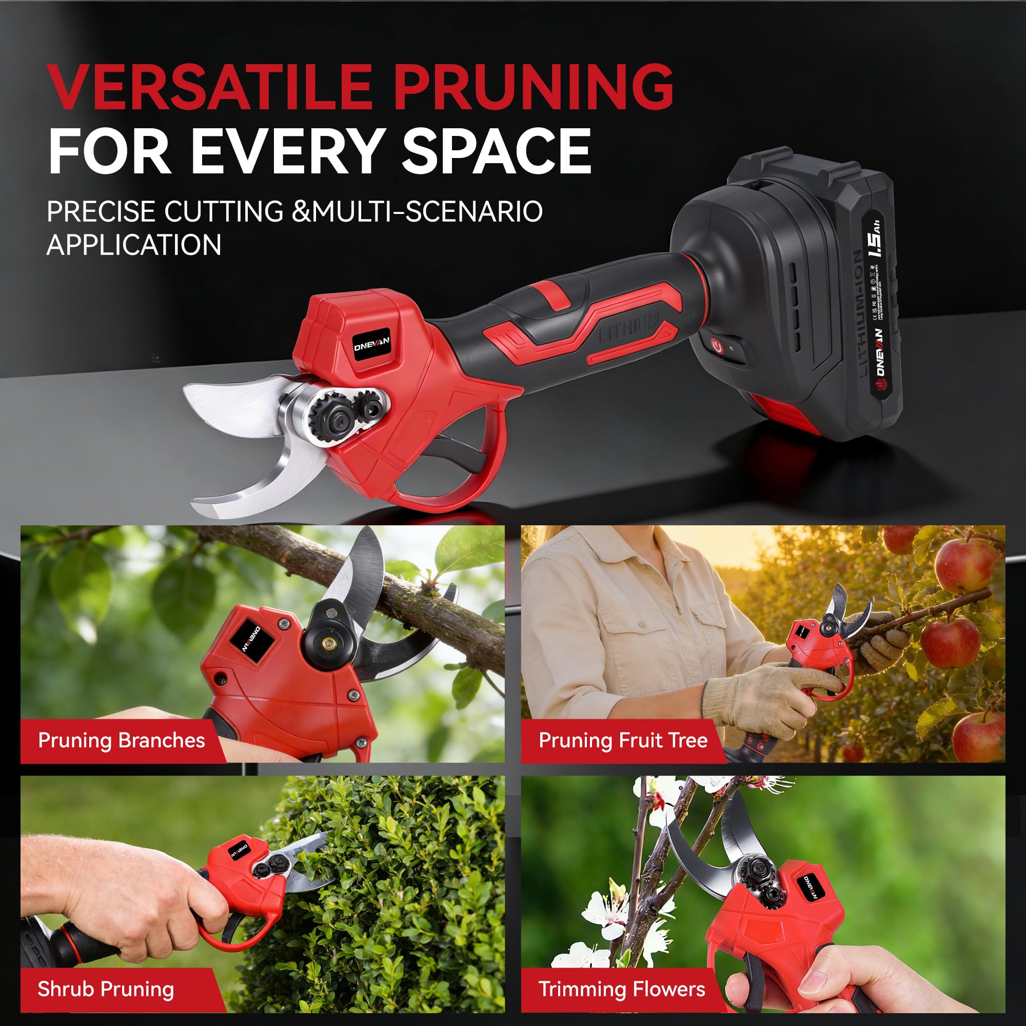ONEVAN Sécateur électrique sans fil - Diamètre de coupe : 25 mm - Sans balais - Sans fil et léger - Avec 2 batteries de 1,5 Ah - Lames SK5 - Sécateur sans fil pour jardin, arbre, haie