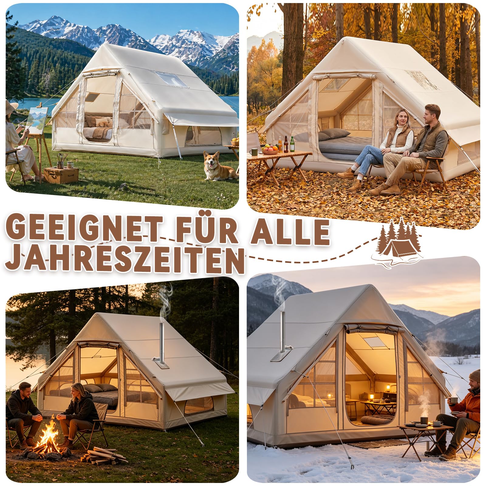 Aufblasbares Campingzelt für 2-8 Personen - 4-Jahreszeiten-Zelt aus wasserdichtem Oxford-Gewebe mit Luftpumpe, schnell aufbaubarer Unterschlupf