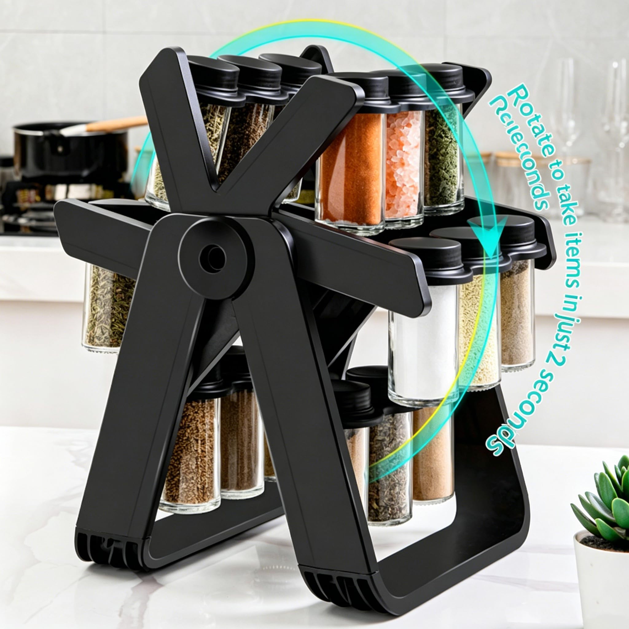 Carrusel de especias giratorio 360° con 21 tarros de especias negros, estante para especias con tarros y organizador de especias para tu cocina, set B (botella de plástico)