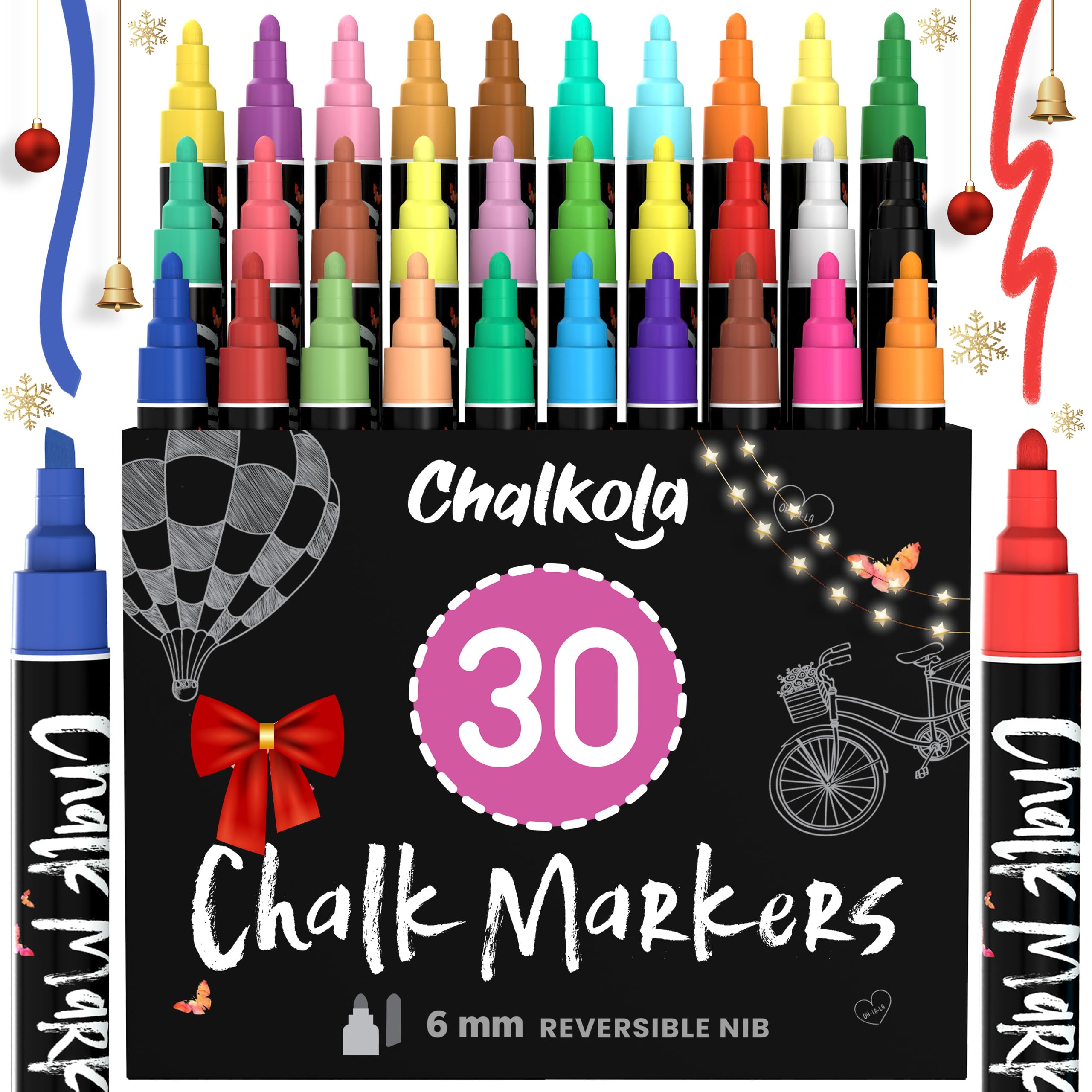 Liquid Chalk Pens (30 Pack 6mm) Pastel + Neon Chalk Markers - Erasable Dry Erase Pen for Blackboards, Chalkboard, Window, Glass - 6mm Reversible Bullet & Chisel Tip