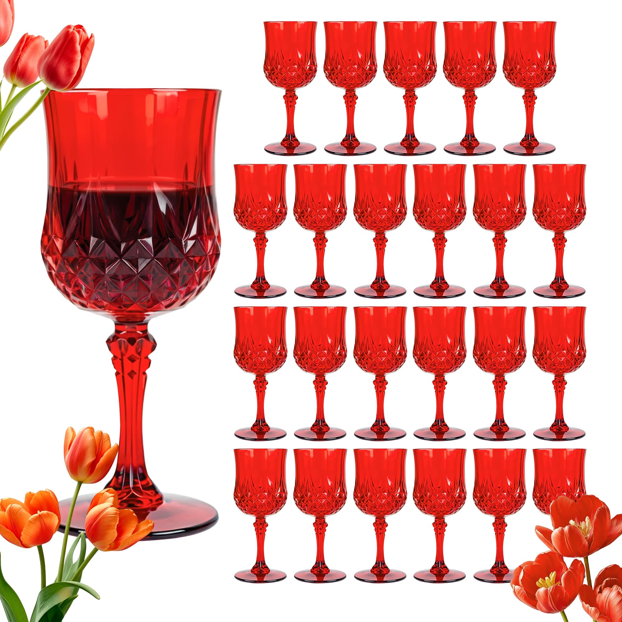 Bicchieri da vino in plastica, calici in plastica, stile vintage, infrangibili, riutilizzabili, per ricevimenti di nozze, grandi eventi (24, rosso)