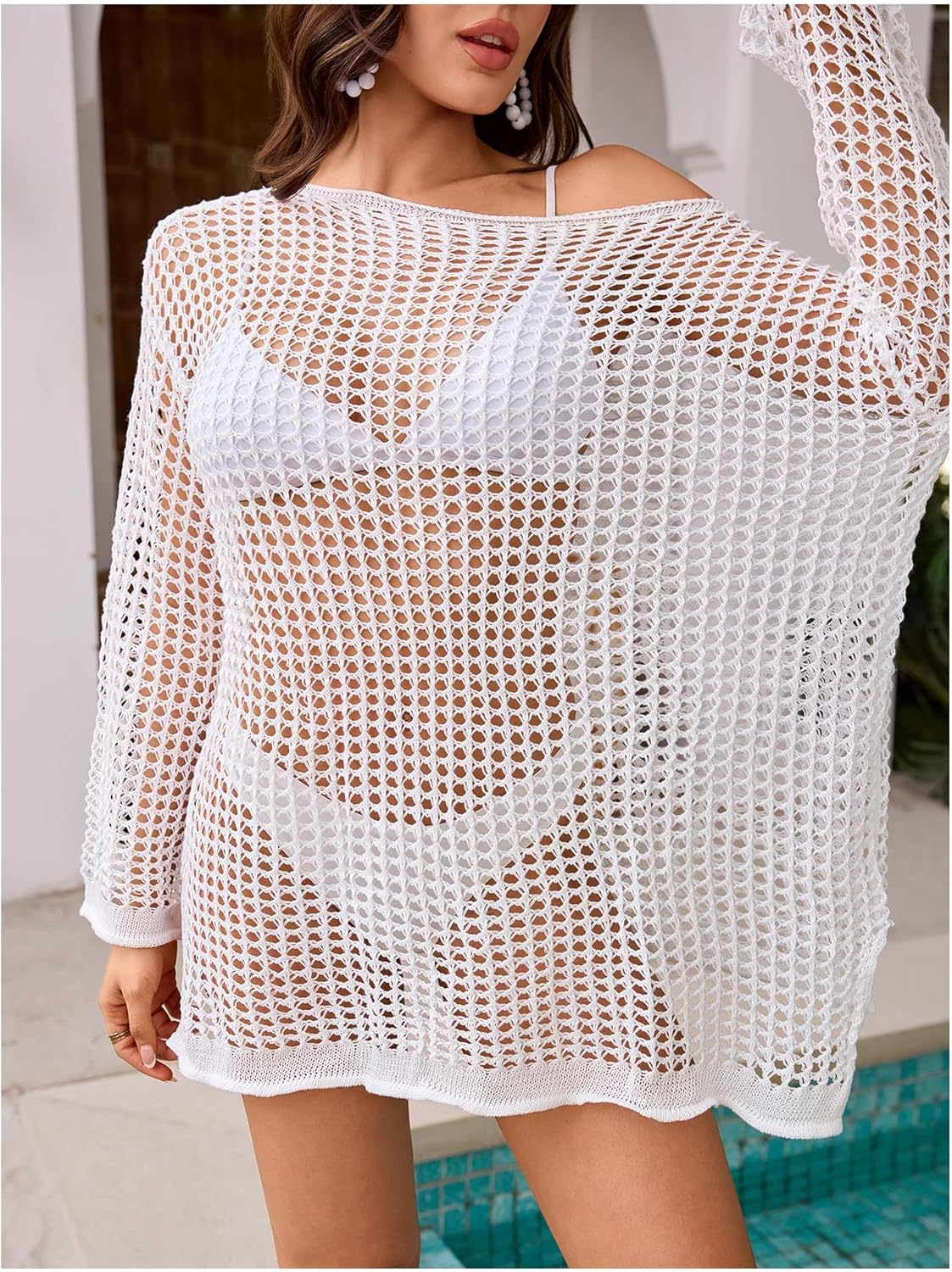 SHENHE Women's Beach Crochet Cover Ups Swimwear Hollow Out Long Sleeve Knit Coverup Top - Image 7